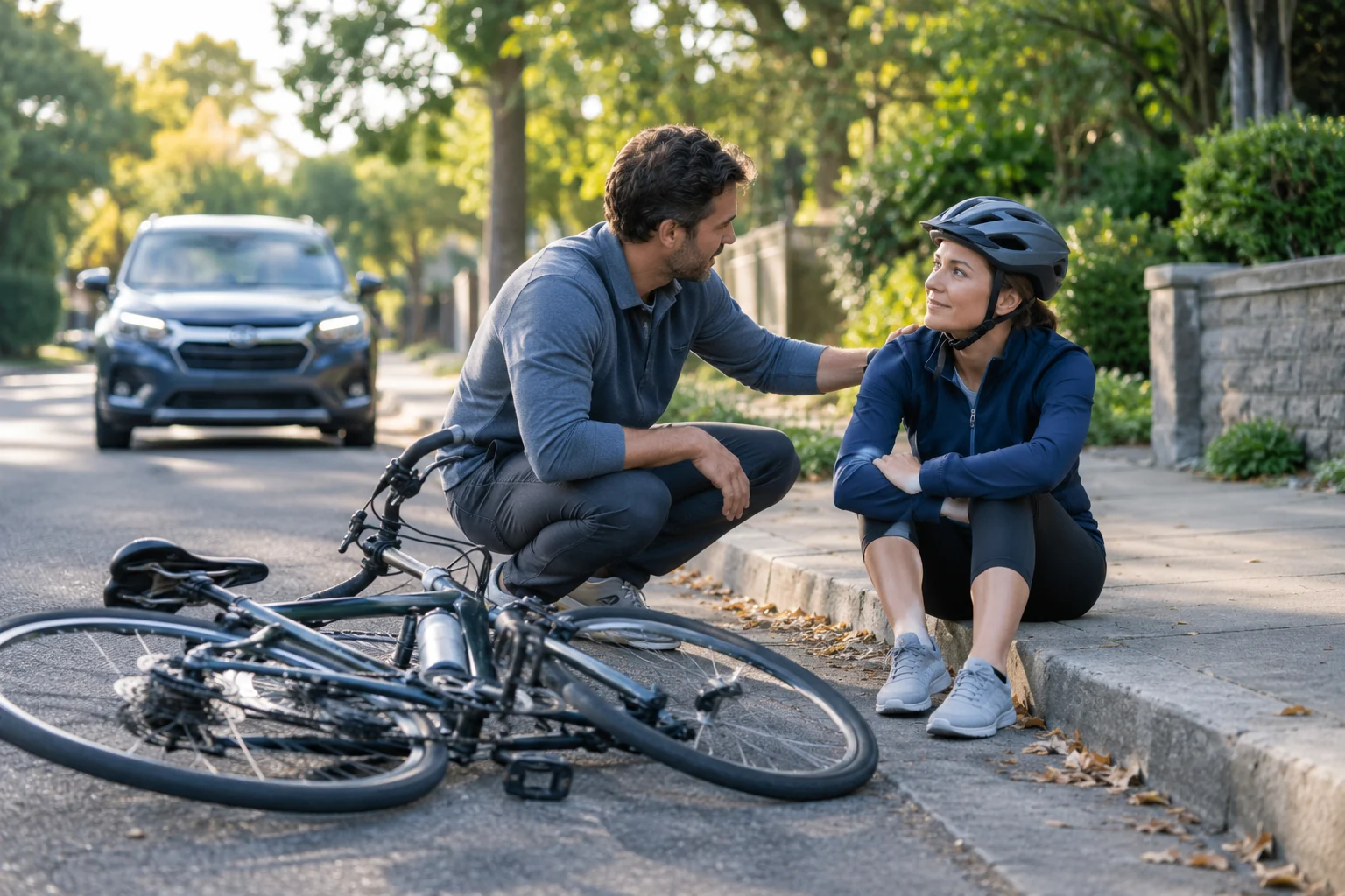 A helmeted cyclist receiving support beside a fallen bicycle after an accident.
