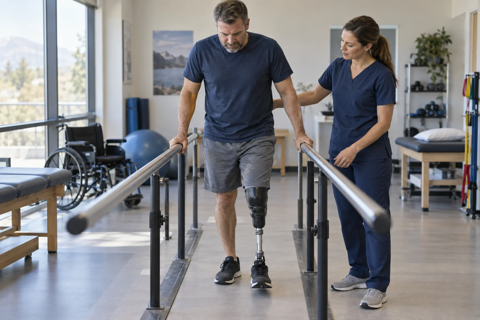 A physical therapist assisting a patient with a prosthetic leg during rehabilitation.