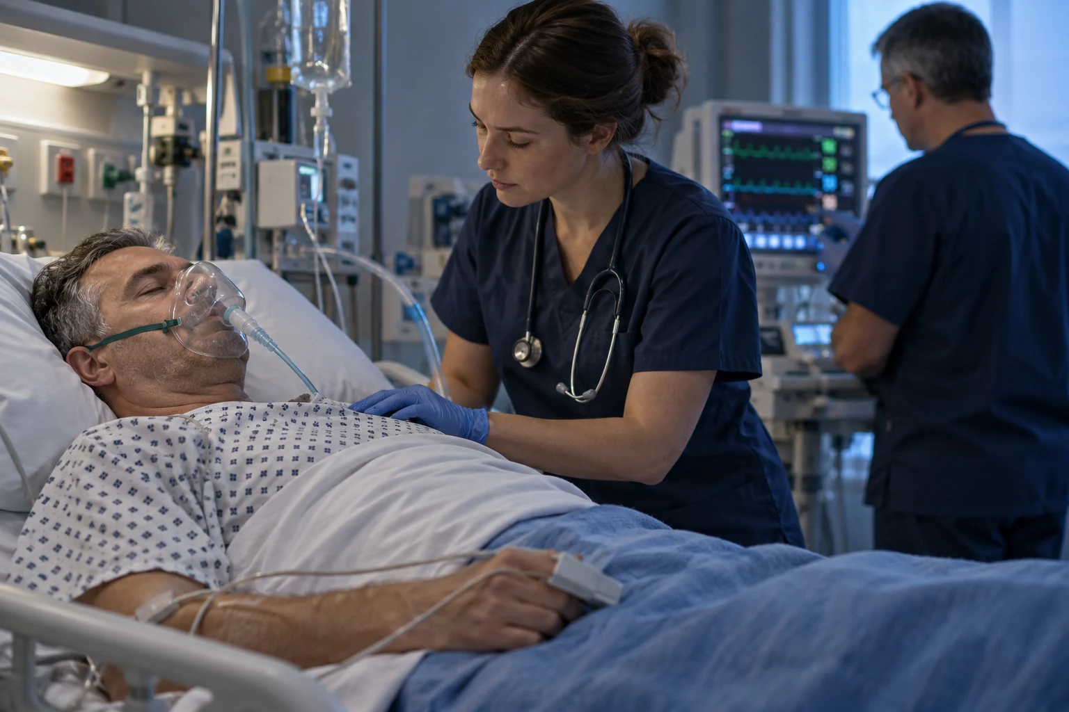 Clinicians monitoring a patient receiving oxygen support in a hospital bed.