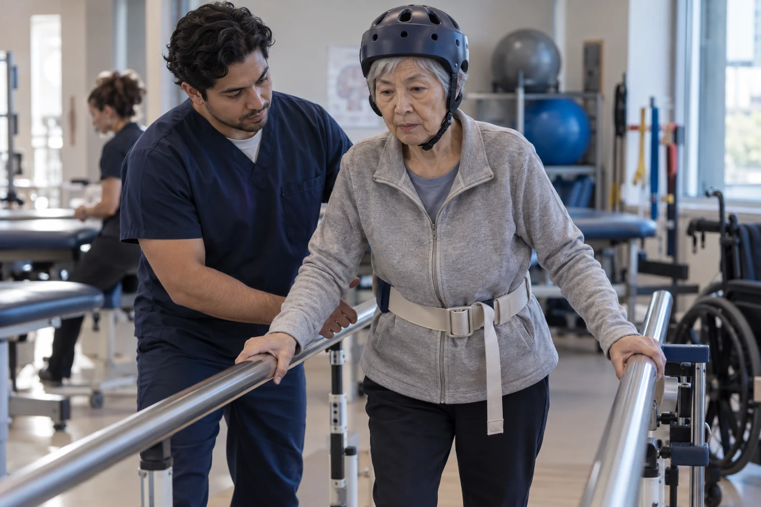 A therapist supporting a patient during neurological rehabilitation.