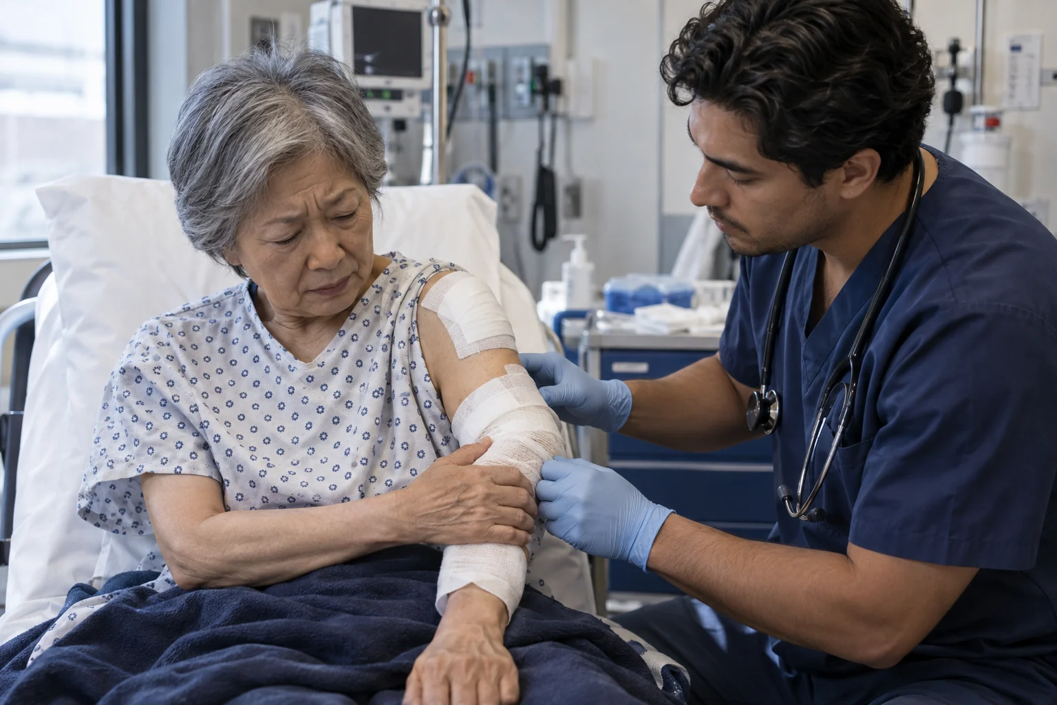 A clinician examining an injured patient's dressed arm during burn care.