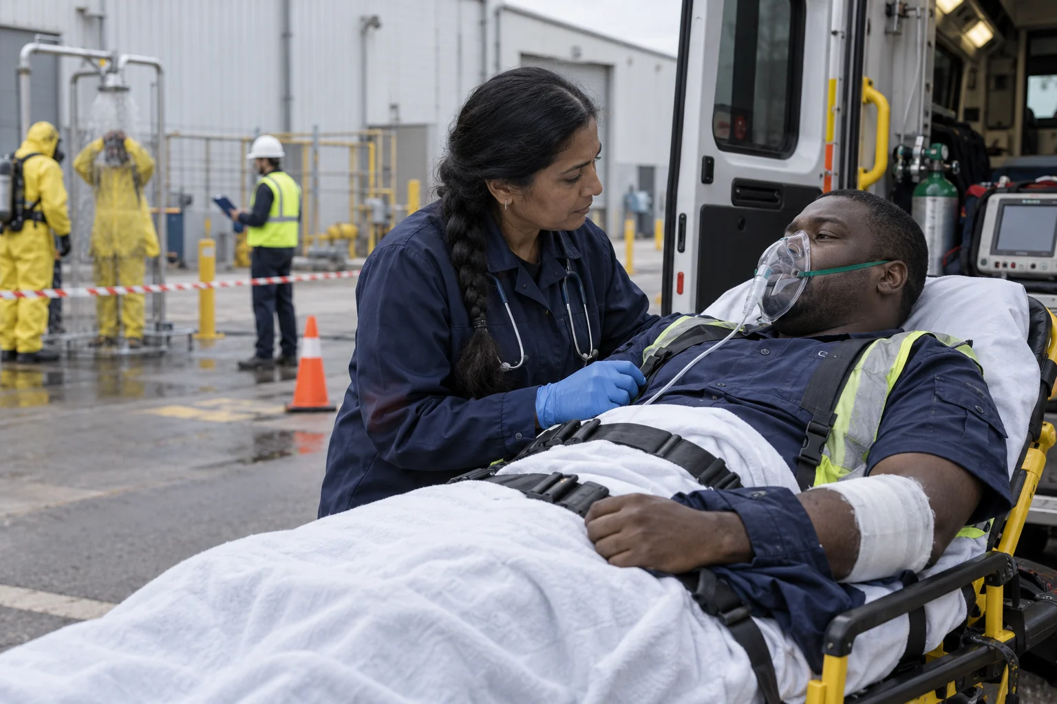 Paramedics caring for a worker with oxygen support and arm dressings outside an industrial site.