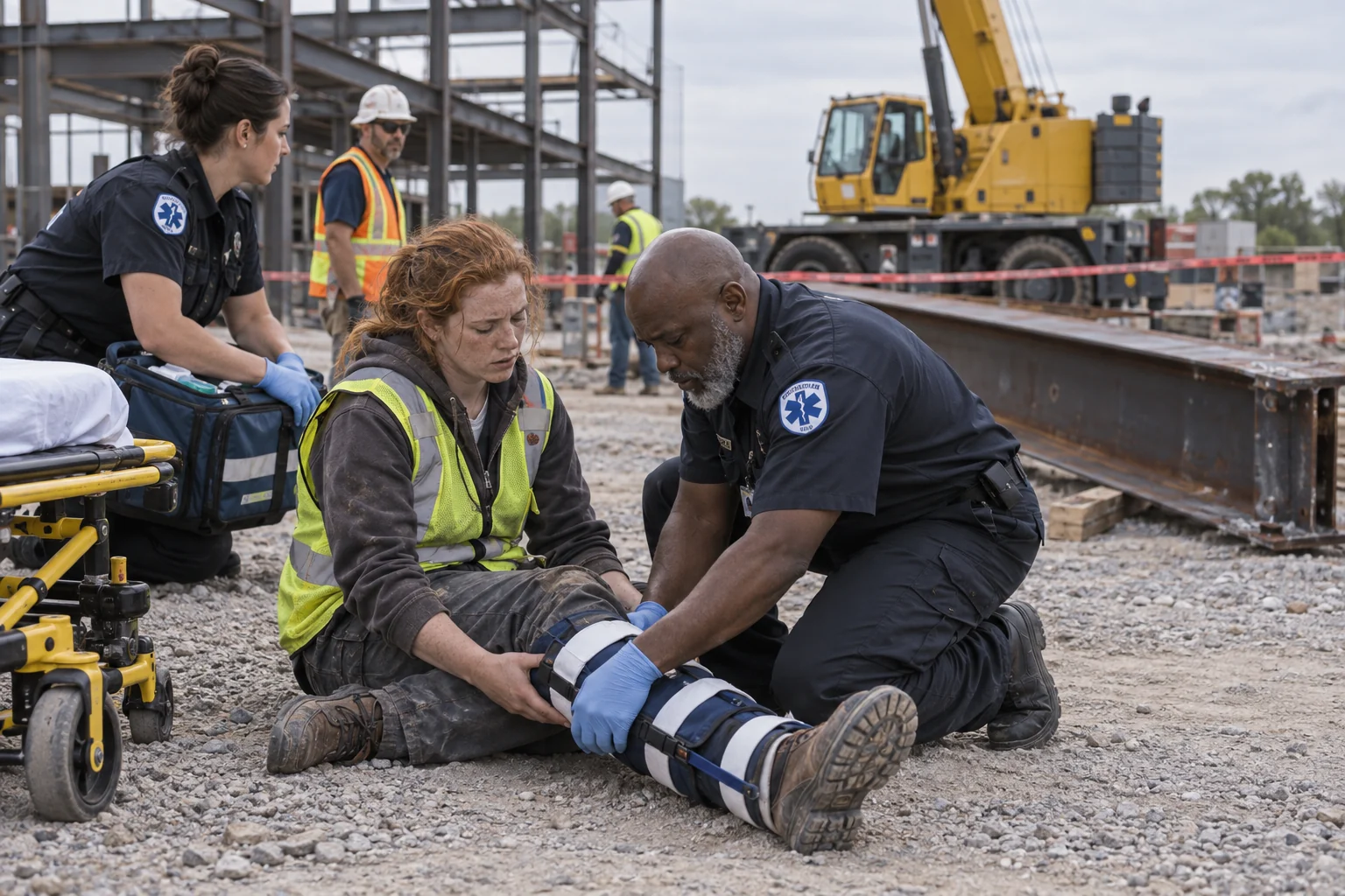 Paramedics treating an injured worker near a stopped crane and fallen beam.