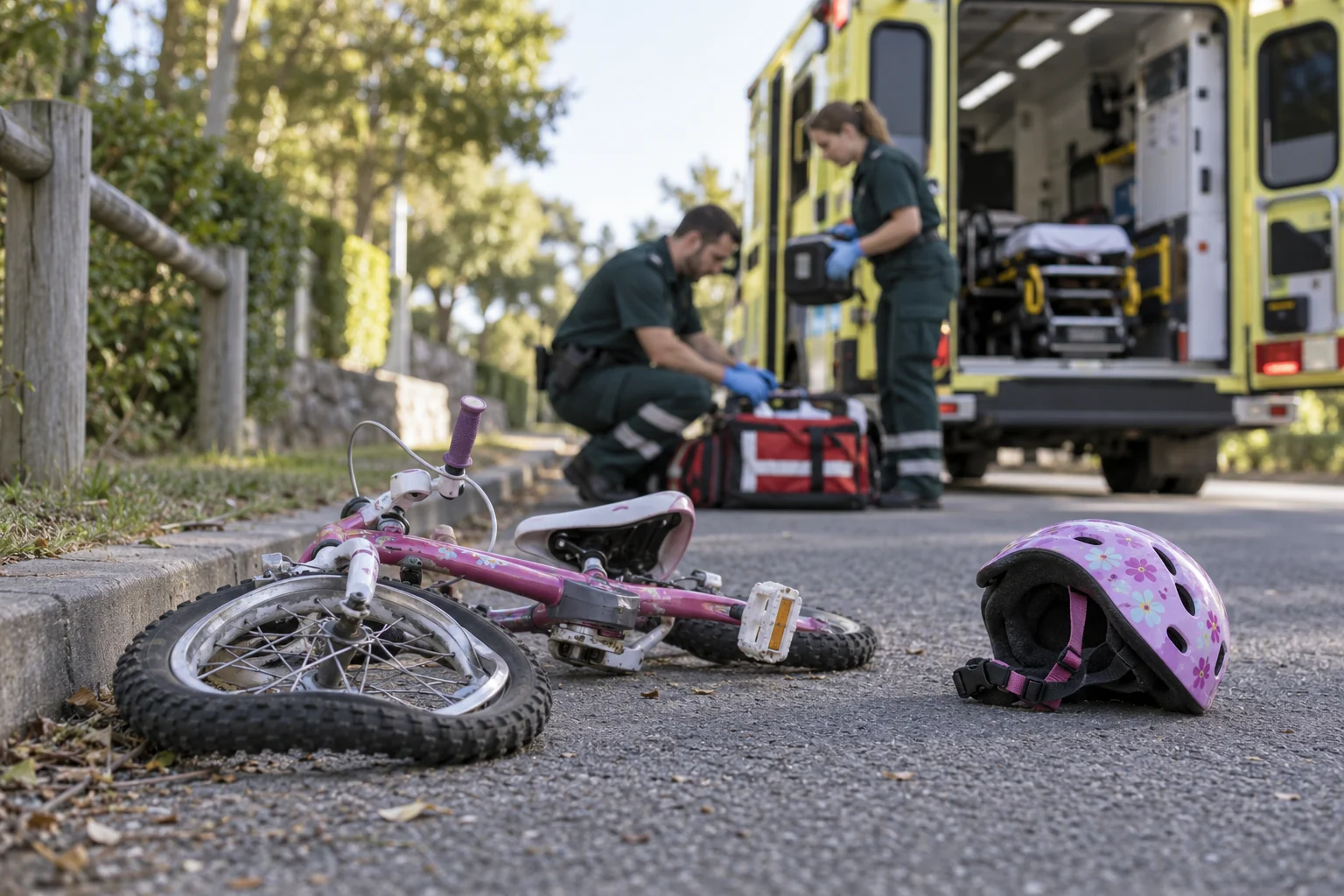Emergency responders beside a child's bicycle and helmet at a secured roadside.