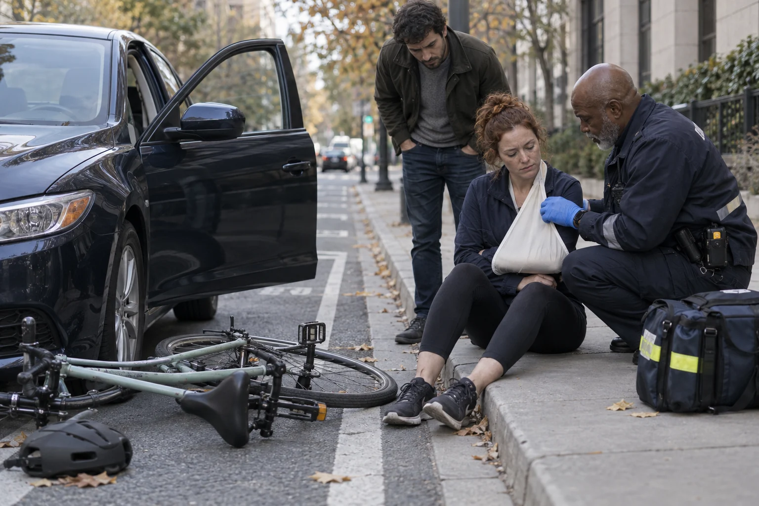 A paramedic caring for an injured cyclist near an open car door and fallen bicycle.