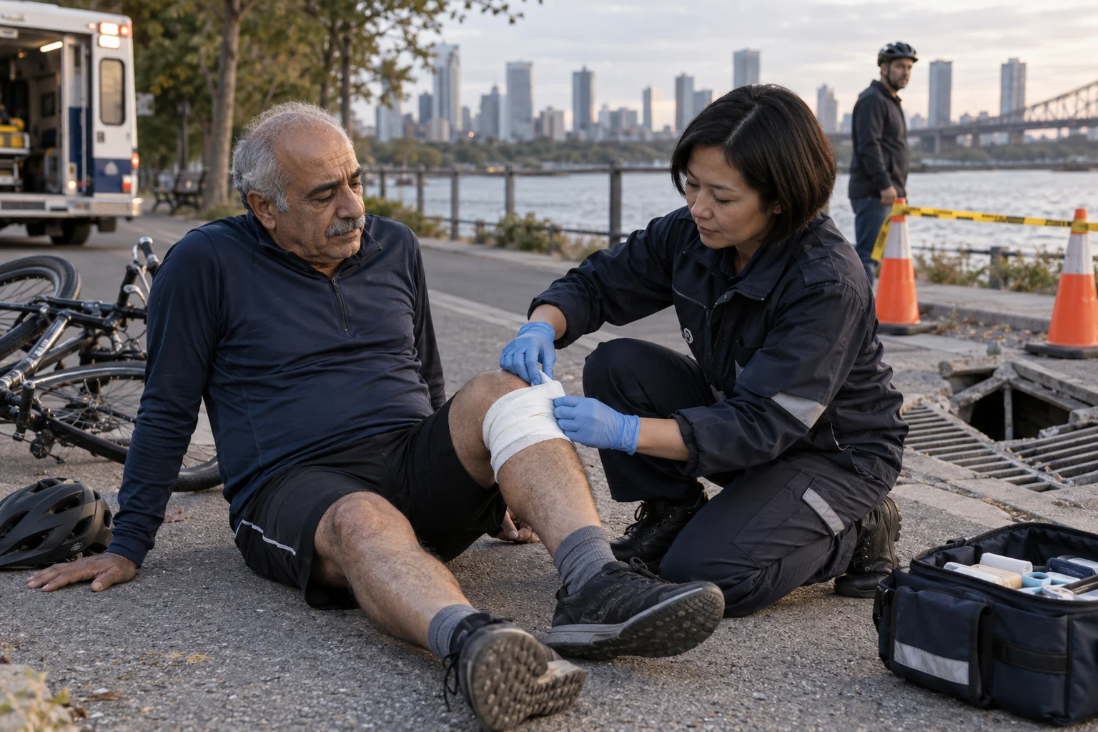 A responder treating an injured cyclist beside a damaged path surface.