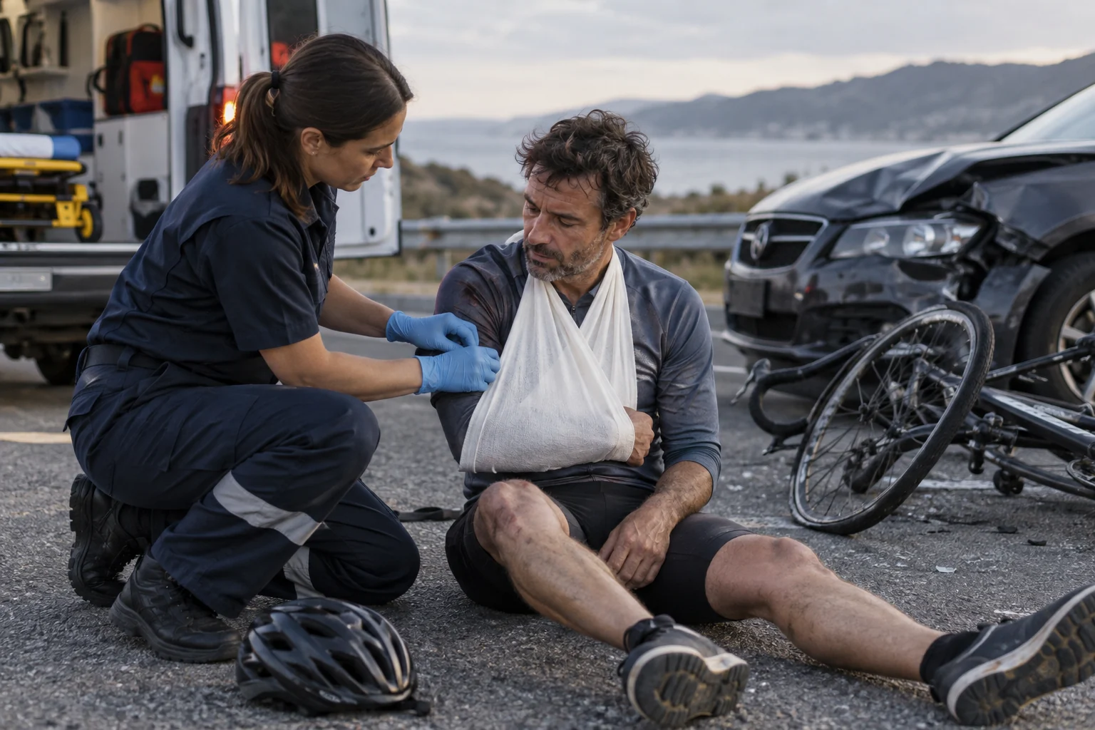 A paramedic treating an injured cyclist beside a damaged bicycle and car.