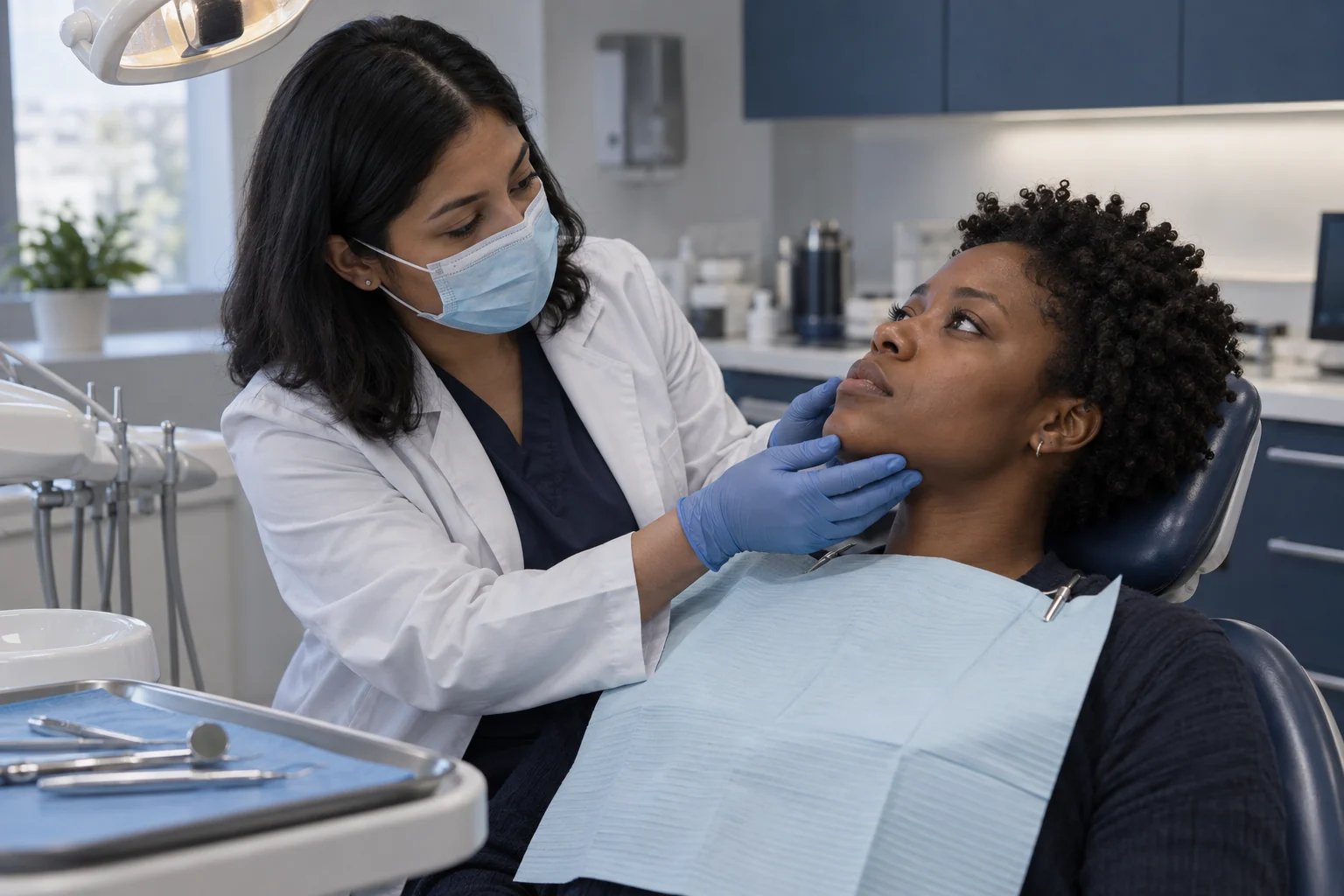 A dentist assessing a patient's jaw during follow-up treatment.