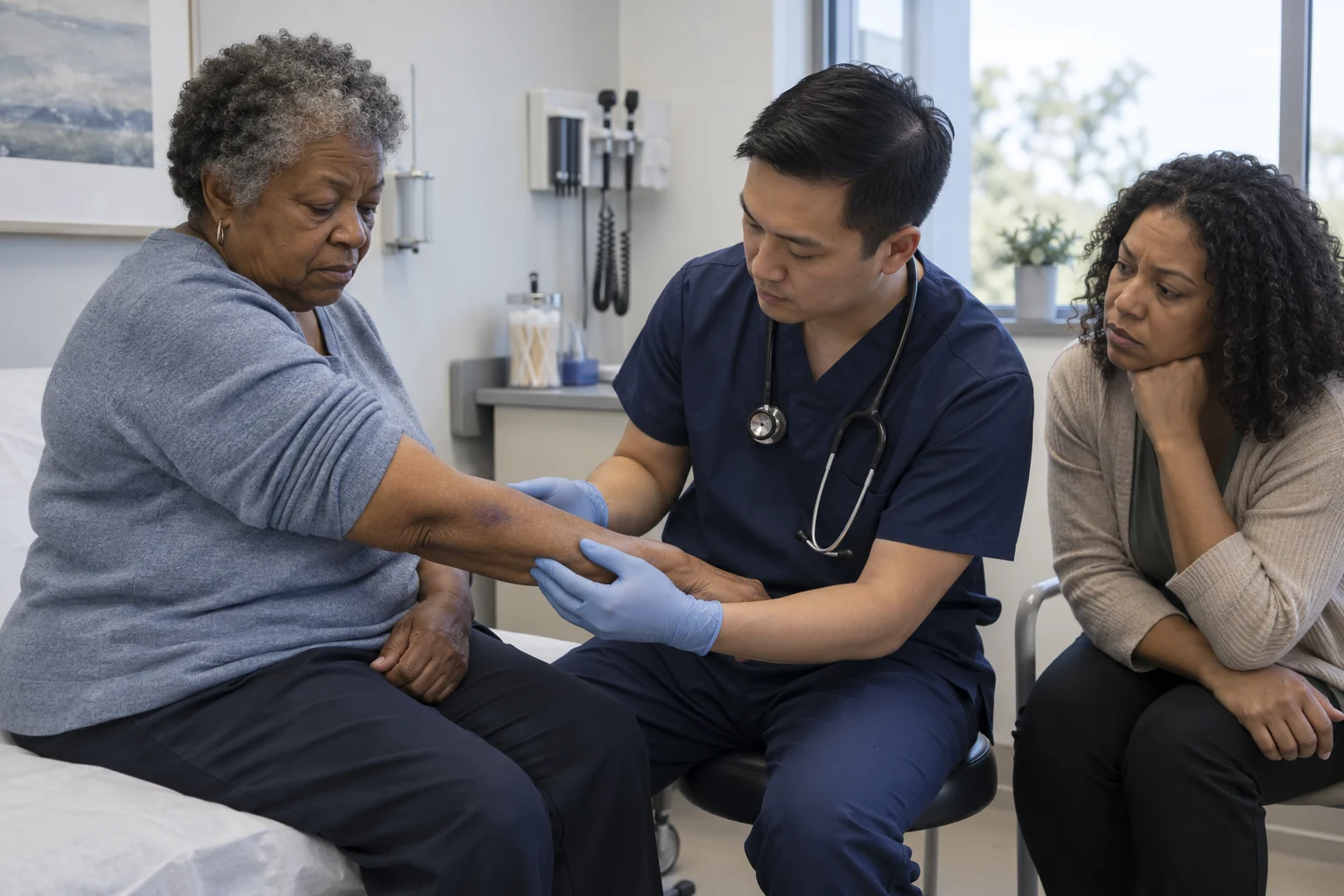 A nurse examining an older adult's bruised arm with a family member present.