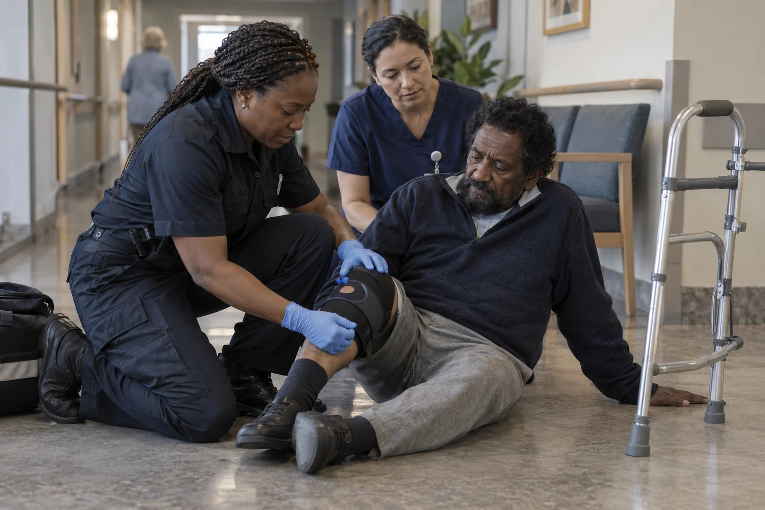 Responders caring for an older adult after a fall near a walking frame.