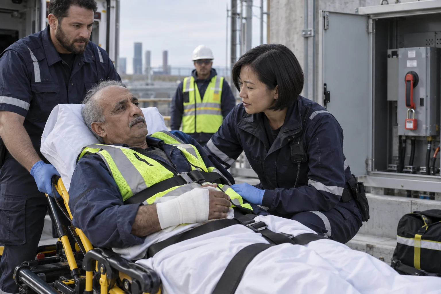 Paramedics treating an injured worker near an isolated electrical work area.