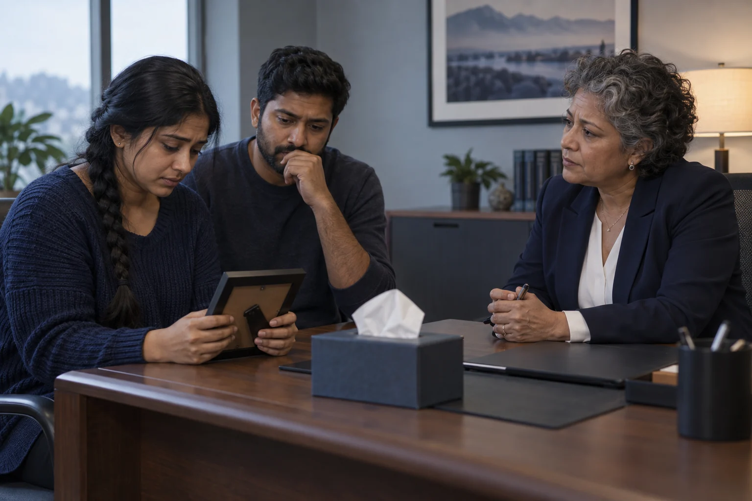 A grieving family meeting with a professional adviser in a private consultation room.