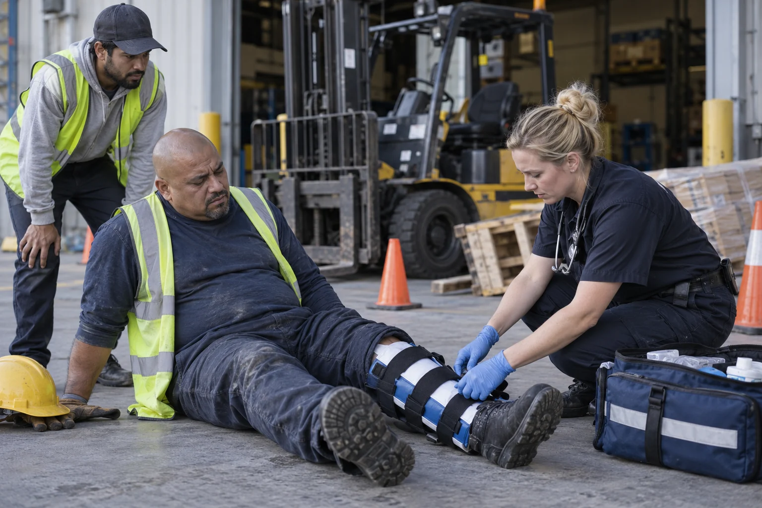 A paramedic caring for an injured warehouse worker near a stopped forklift.