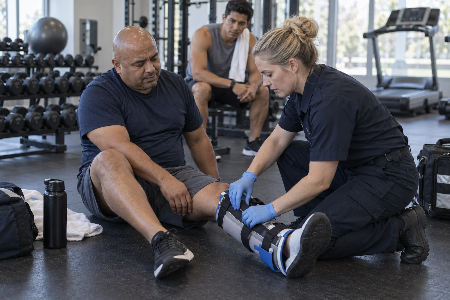 A responder treating an injured person beside gym equipment.