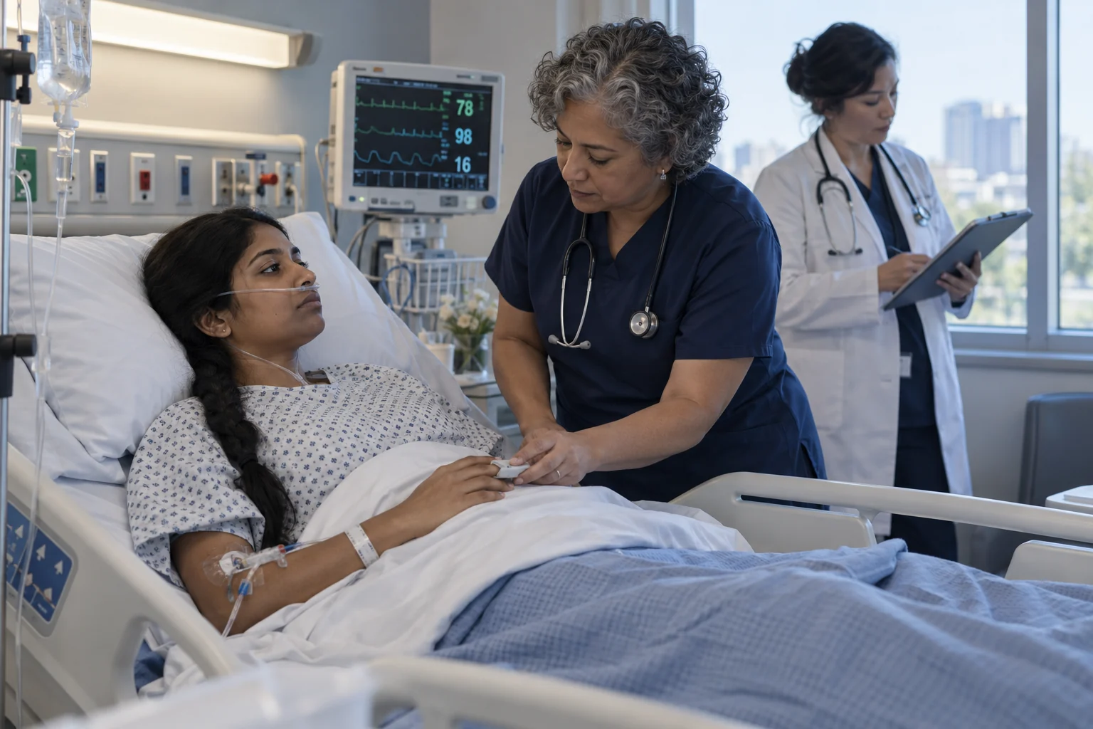 Clinicians assessing a patient receiving hospital care and oxygen support.