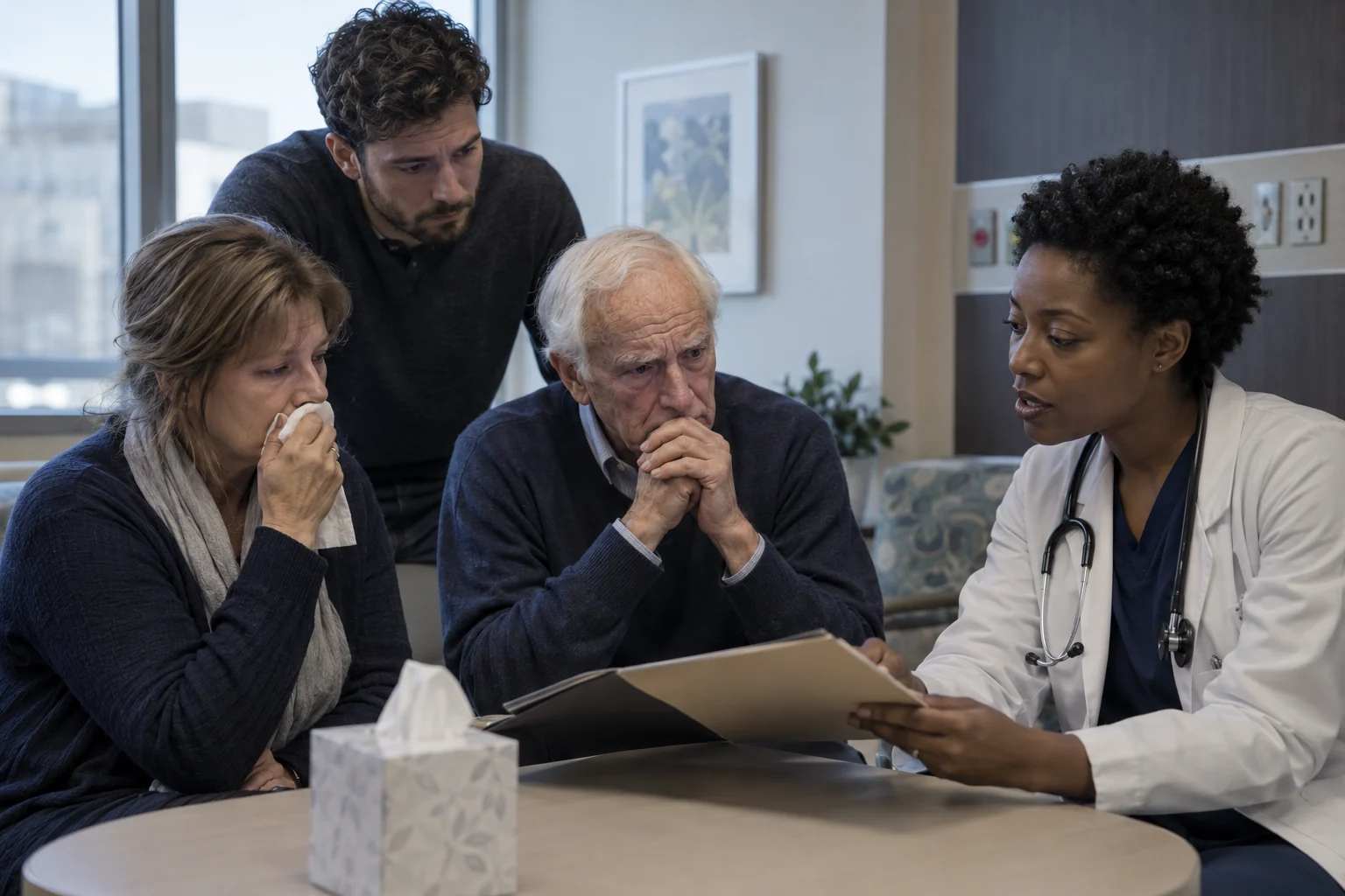 Family members in a solemn consultation with a clinician at a hospital.