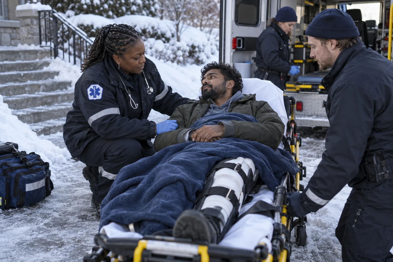 Responders treating an injured person beside an icy walkway.