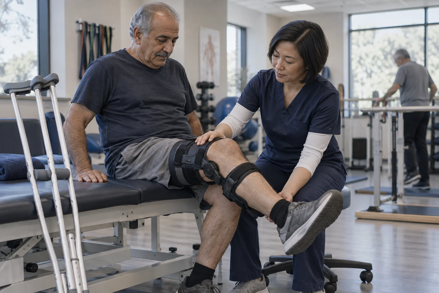 A physiotherapist assisting a patient wearing a knee brace.