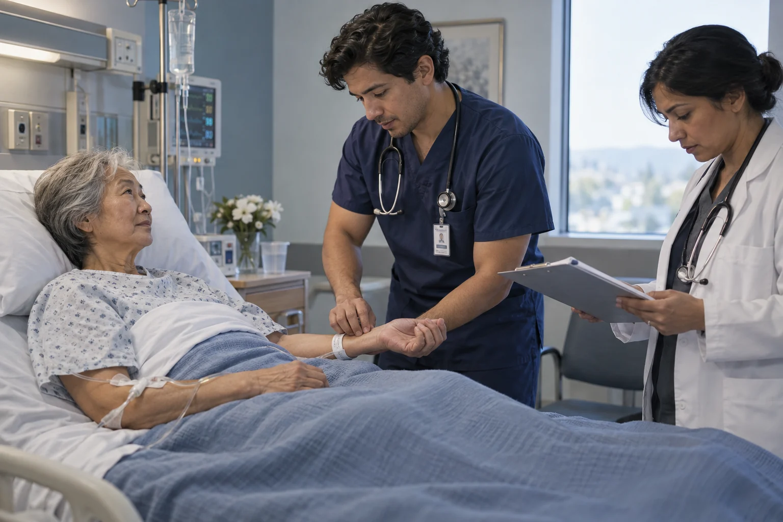 Clinicians reviewing a patient's treatment and medication records during bedside care.