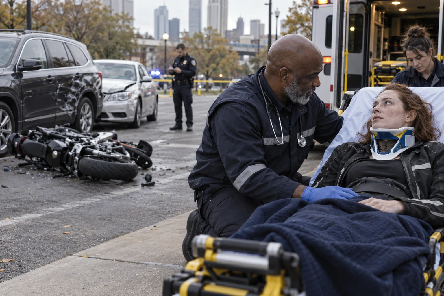 Responders moving an injured motorcyclist away from a roadway collision.