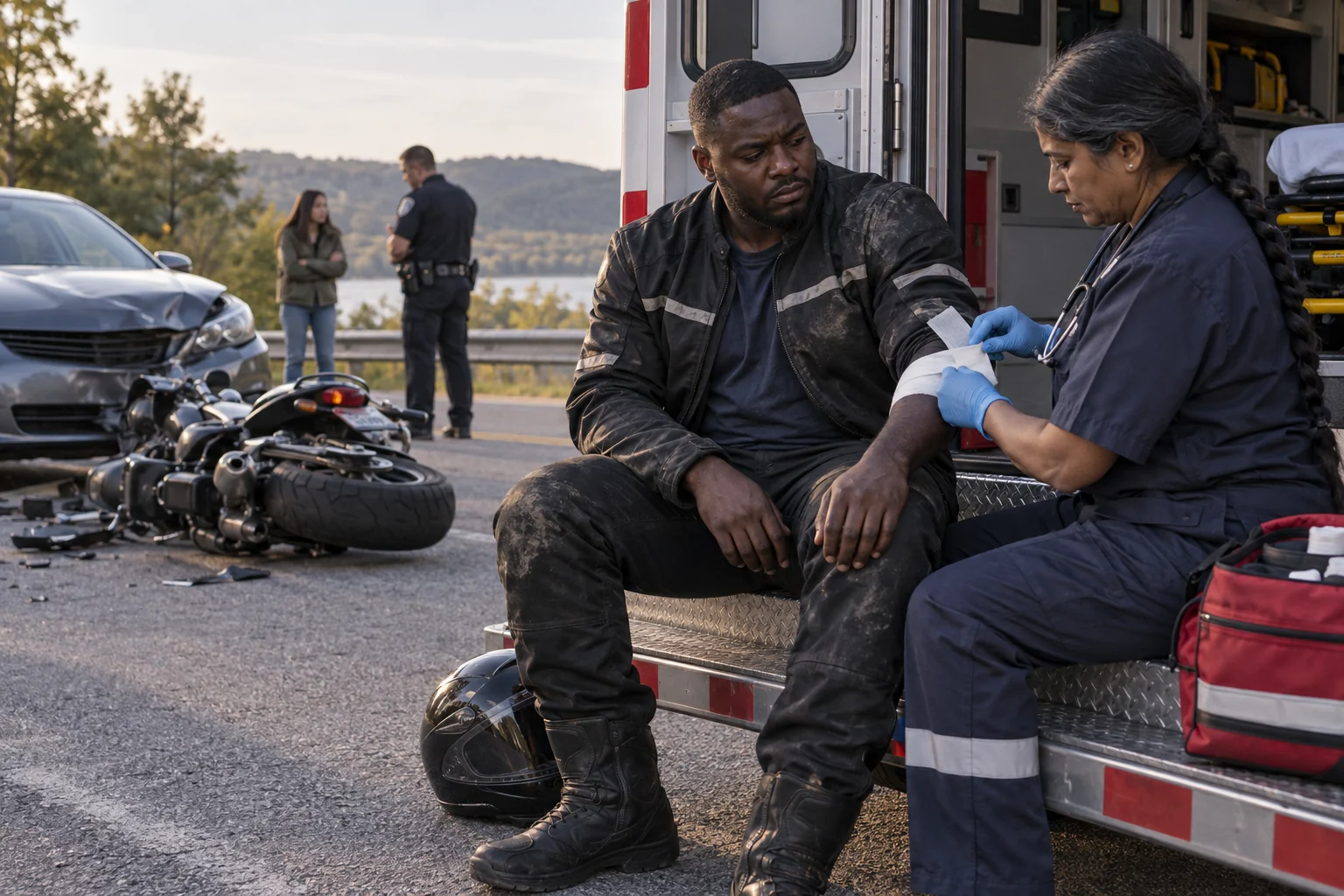 A paramedic dressing an injured rider's arm near a motorcycle and car after a collision.