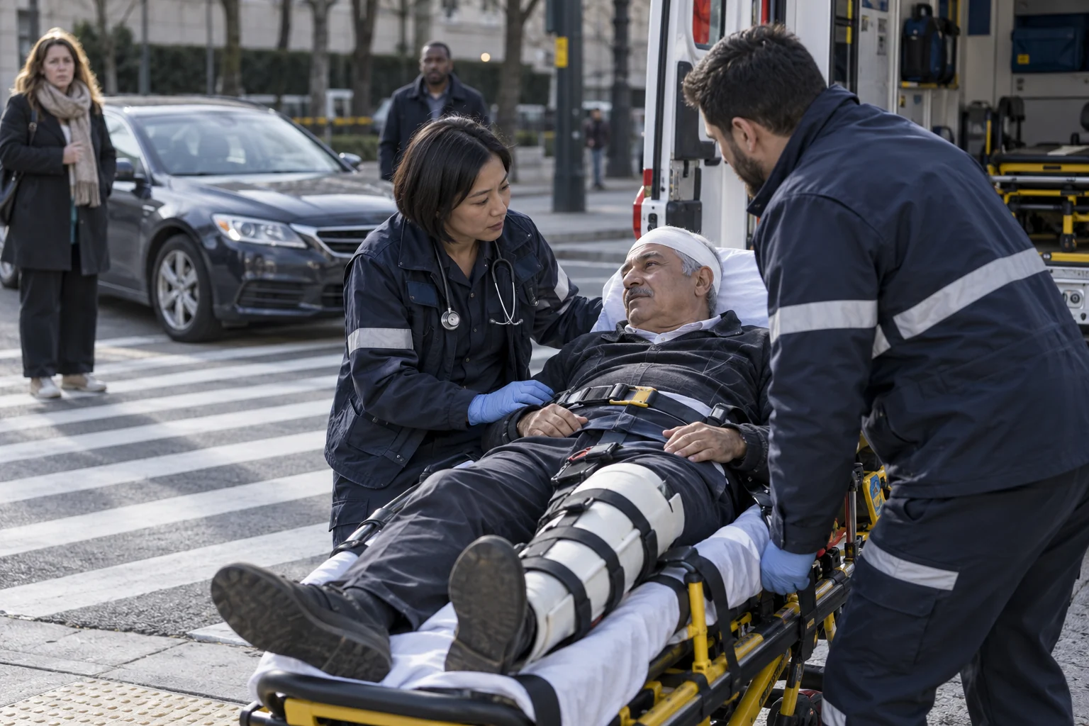 Paramedics treating an injured pedestrian beside a marked crosswalk.