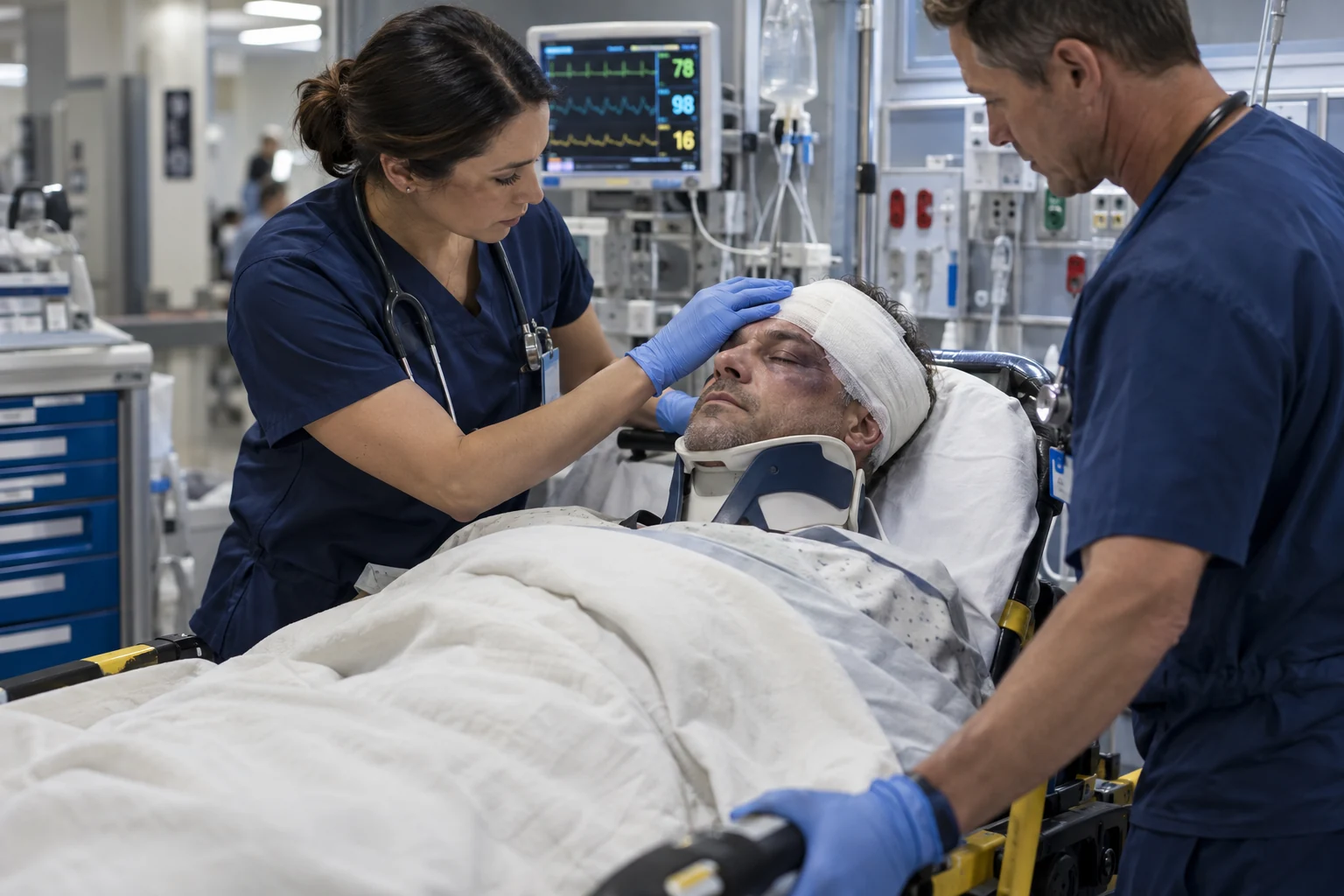 Clinicians providing trauma care to a patient with a substantial head dressing.