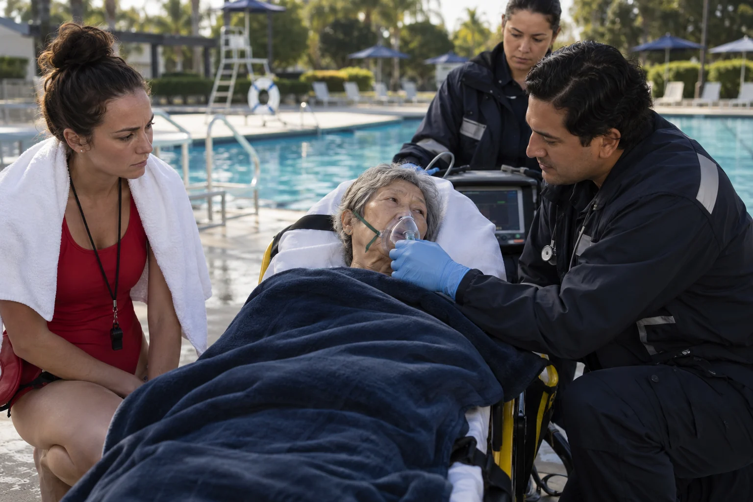 Paramedics providing oxygen and monitoring to a patient beside a swimming pool.