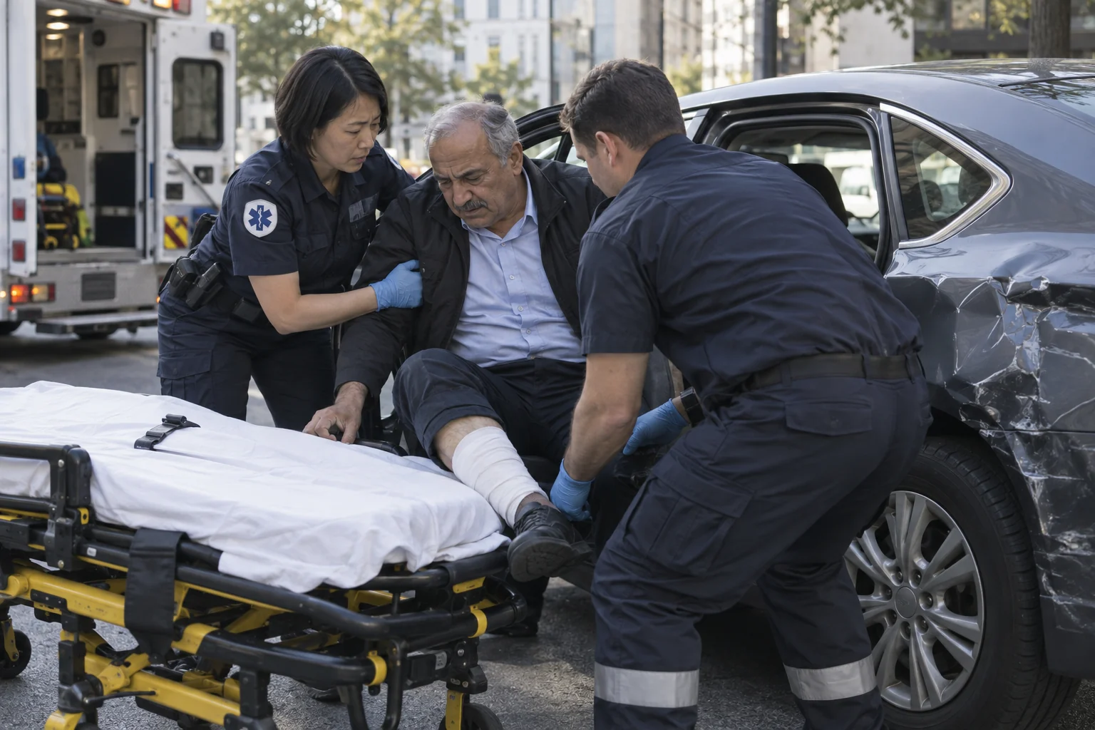 Paramedics assisting an injured passenger beside a damaged sedan.