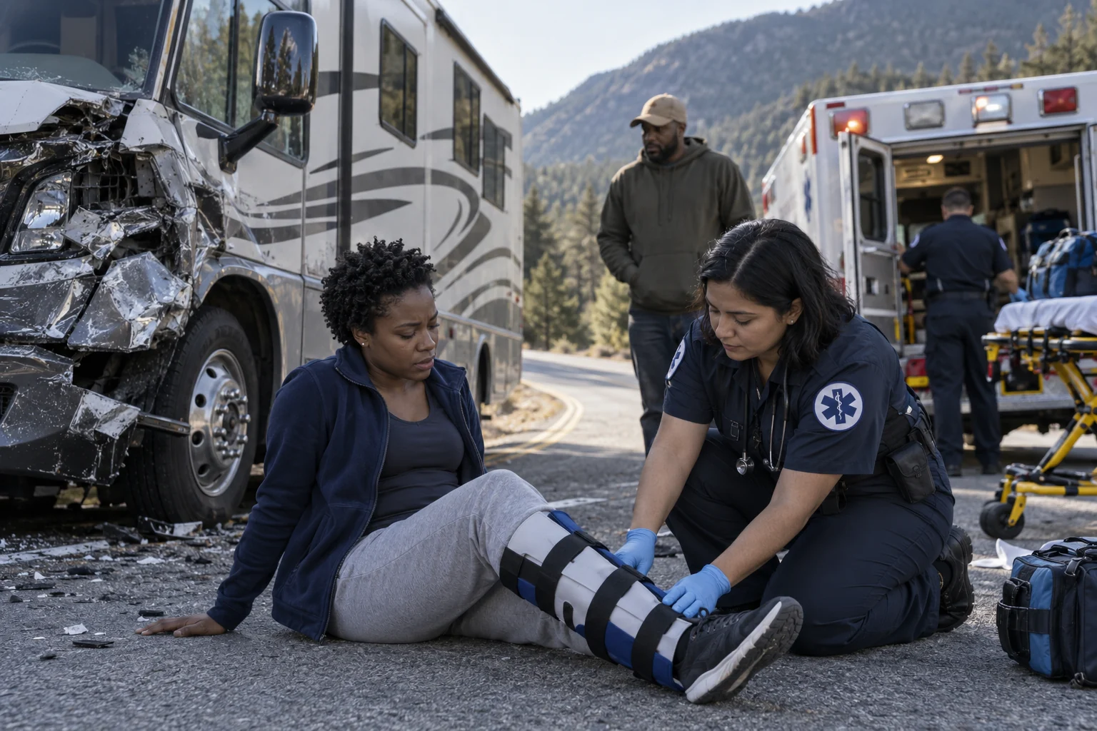 A paramedic treating an injured passenger near a damaged motorhome.