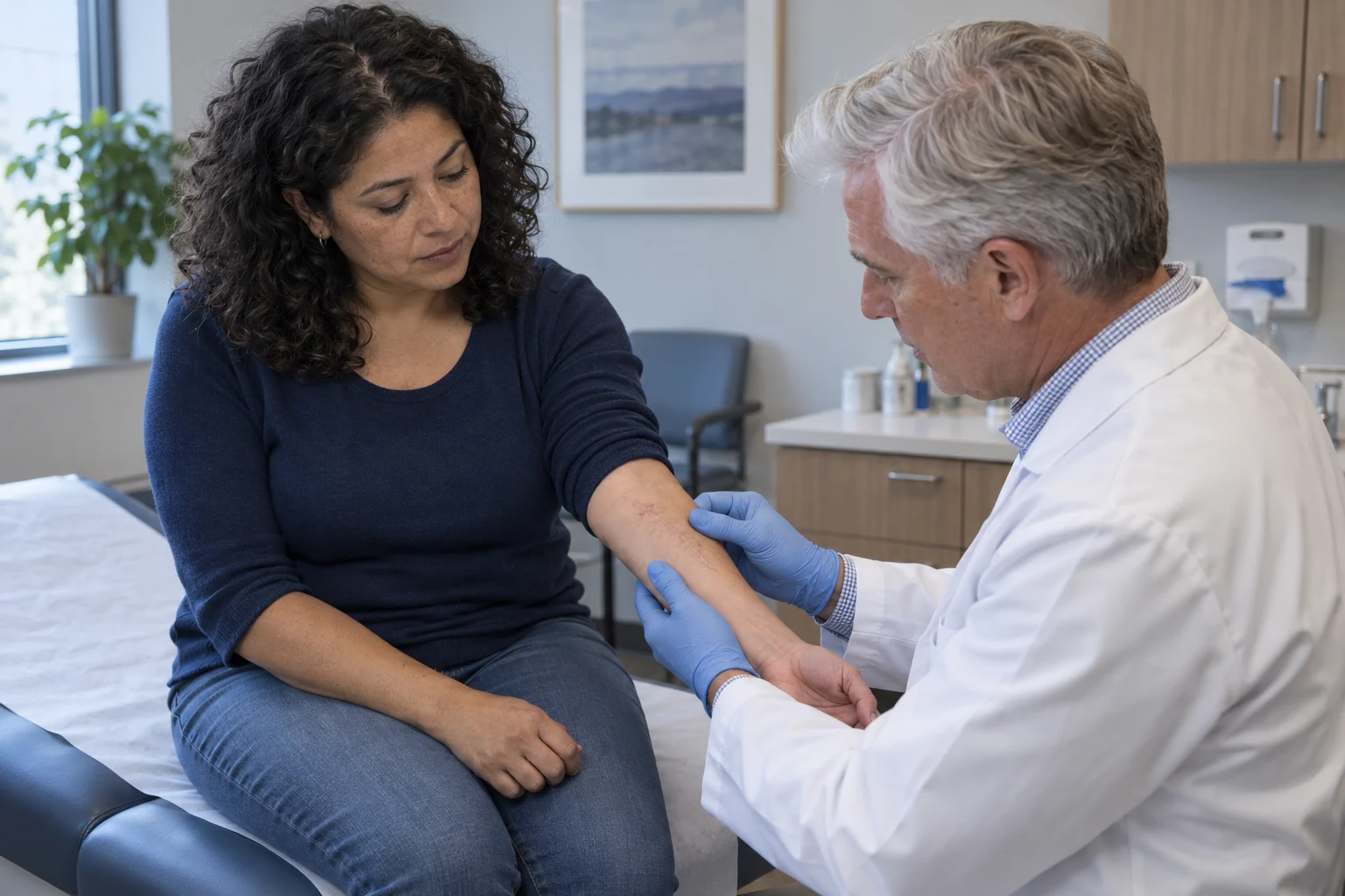 A clinician examining a healed scar on a patient's forearm.