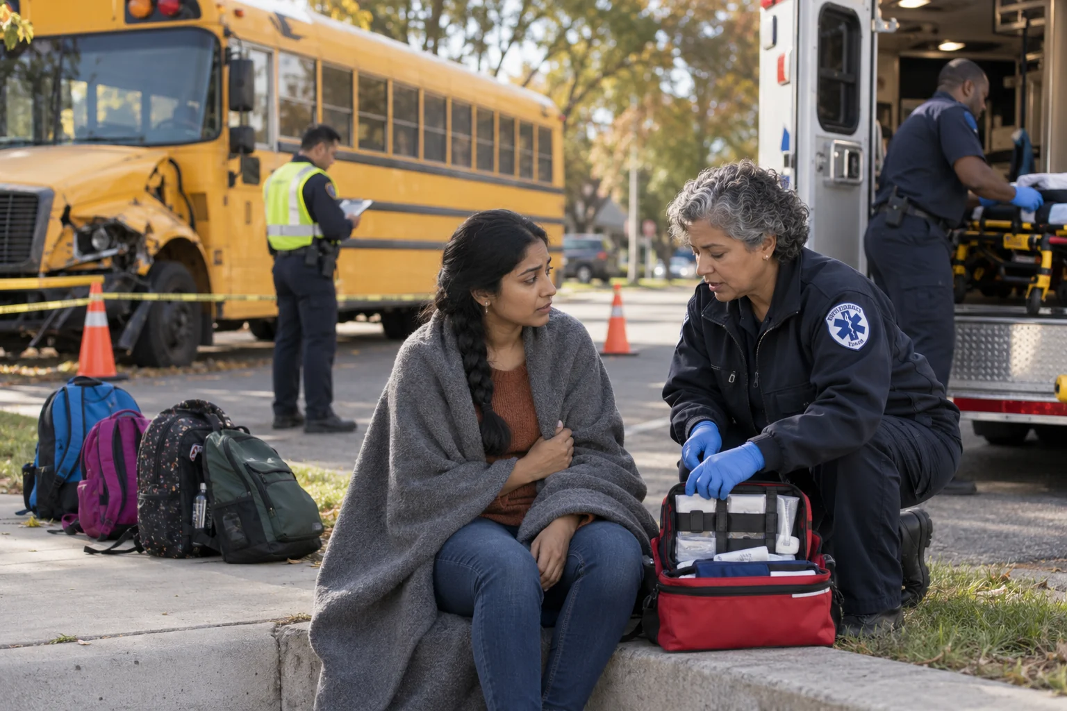 Adult emergency responders beside a stopped school bus after a collision.