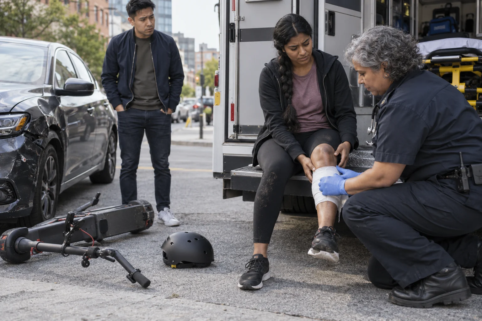 A paramedic treating an injured rider beside a damaged electric scooter.