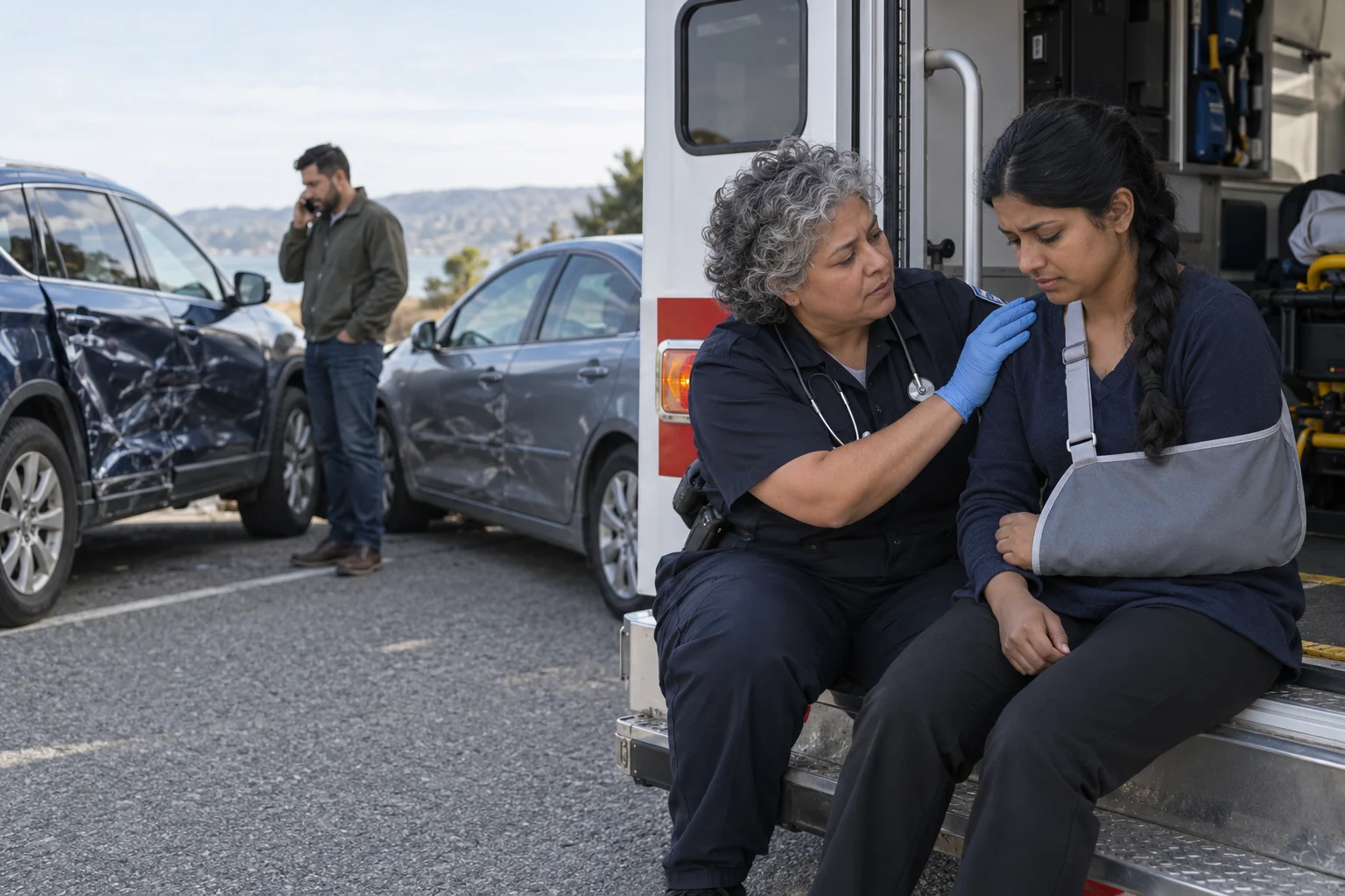 A paramedic treating an injured driver near two cars with side-impact damage.