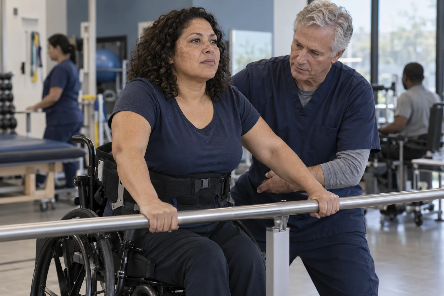 A therapist assisting a wheelchair user during spinal injury rehabilitation.