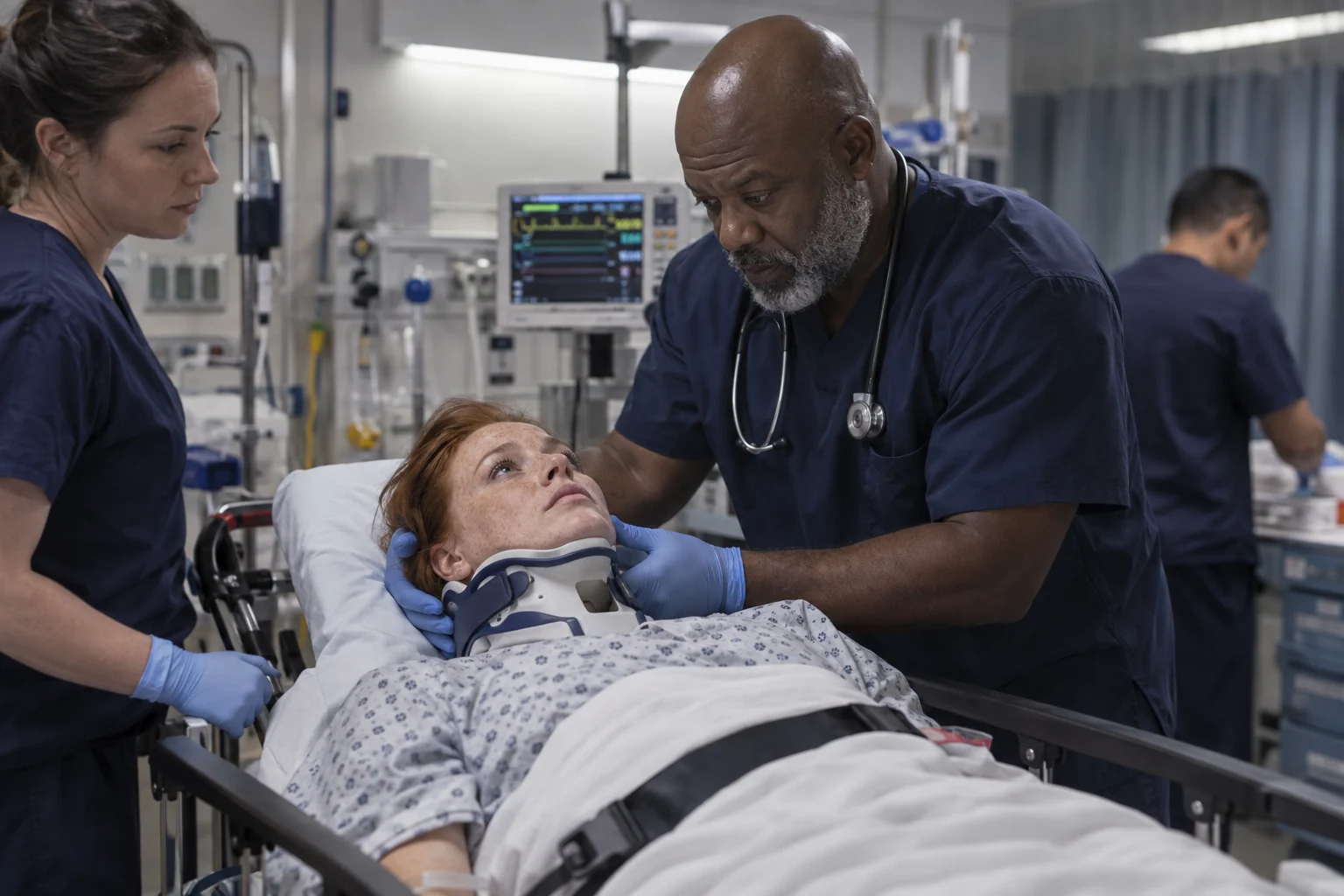 A clinician assessing an immobilized patient during spinal injury care.