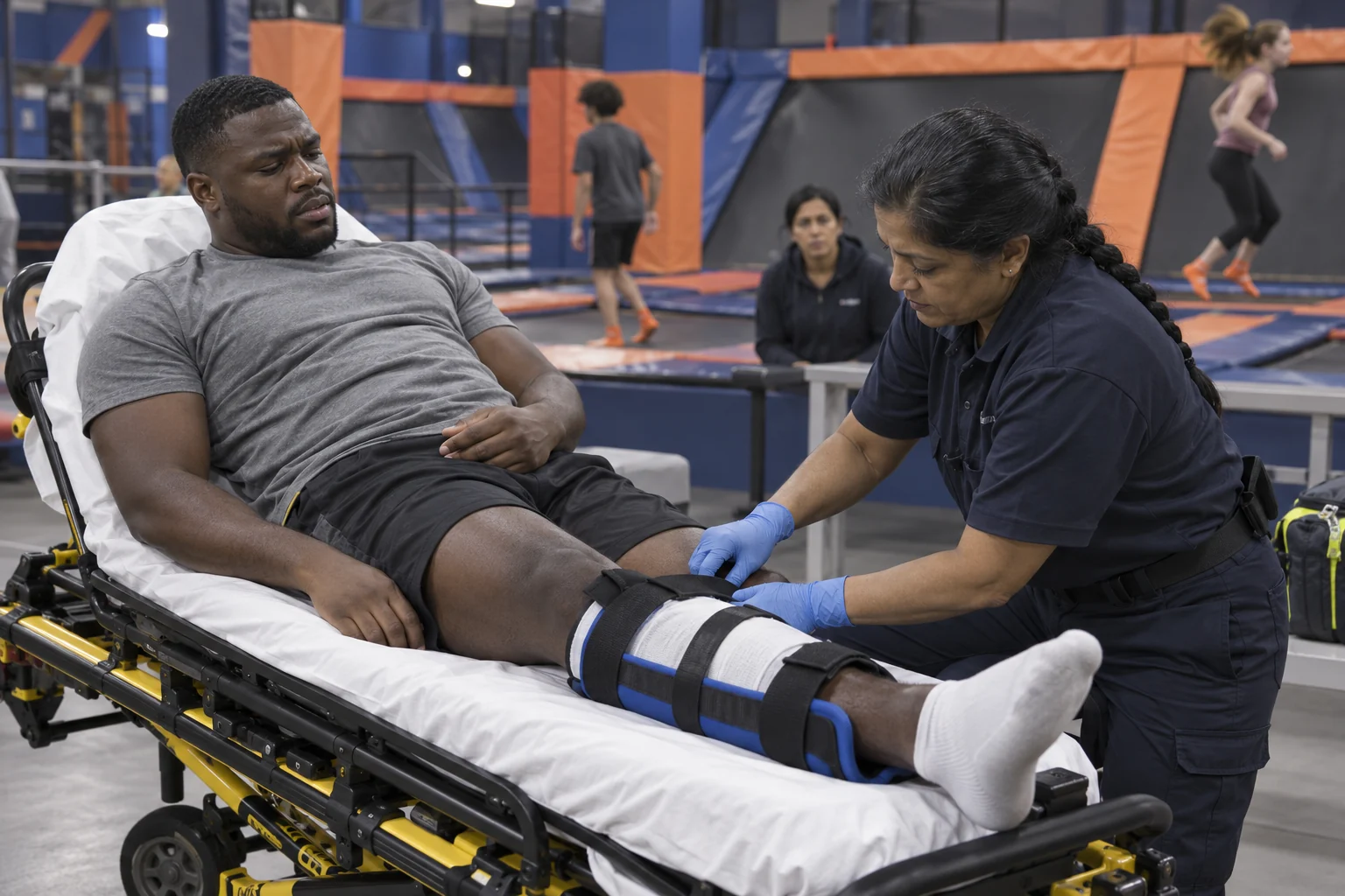 A paramedic securing an injured person's leg beside an indoor trampoline court.