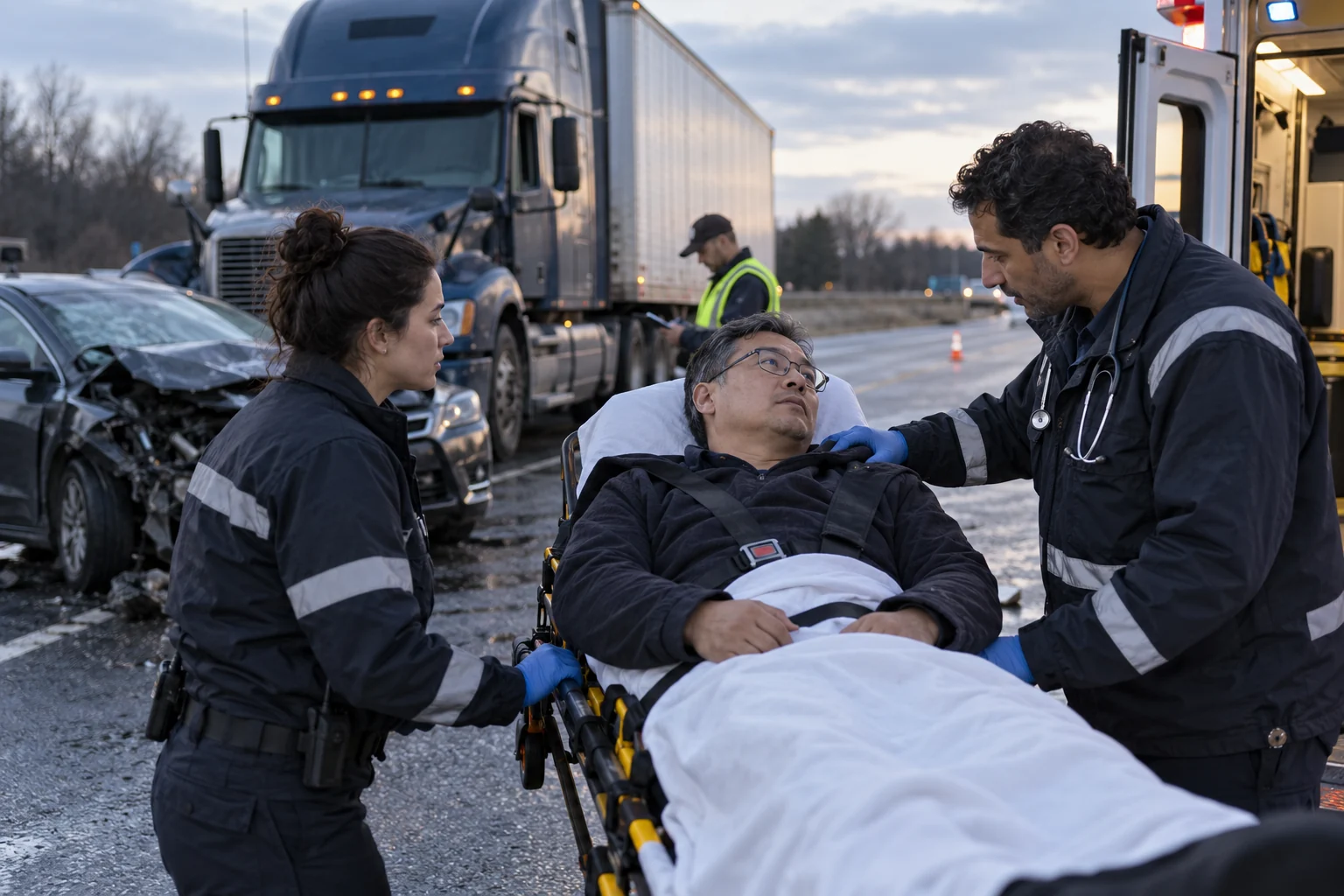 Paramedics treating an injured person near a tractor-trailer and damaged car.