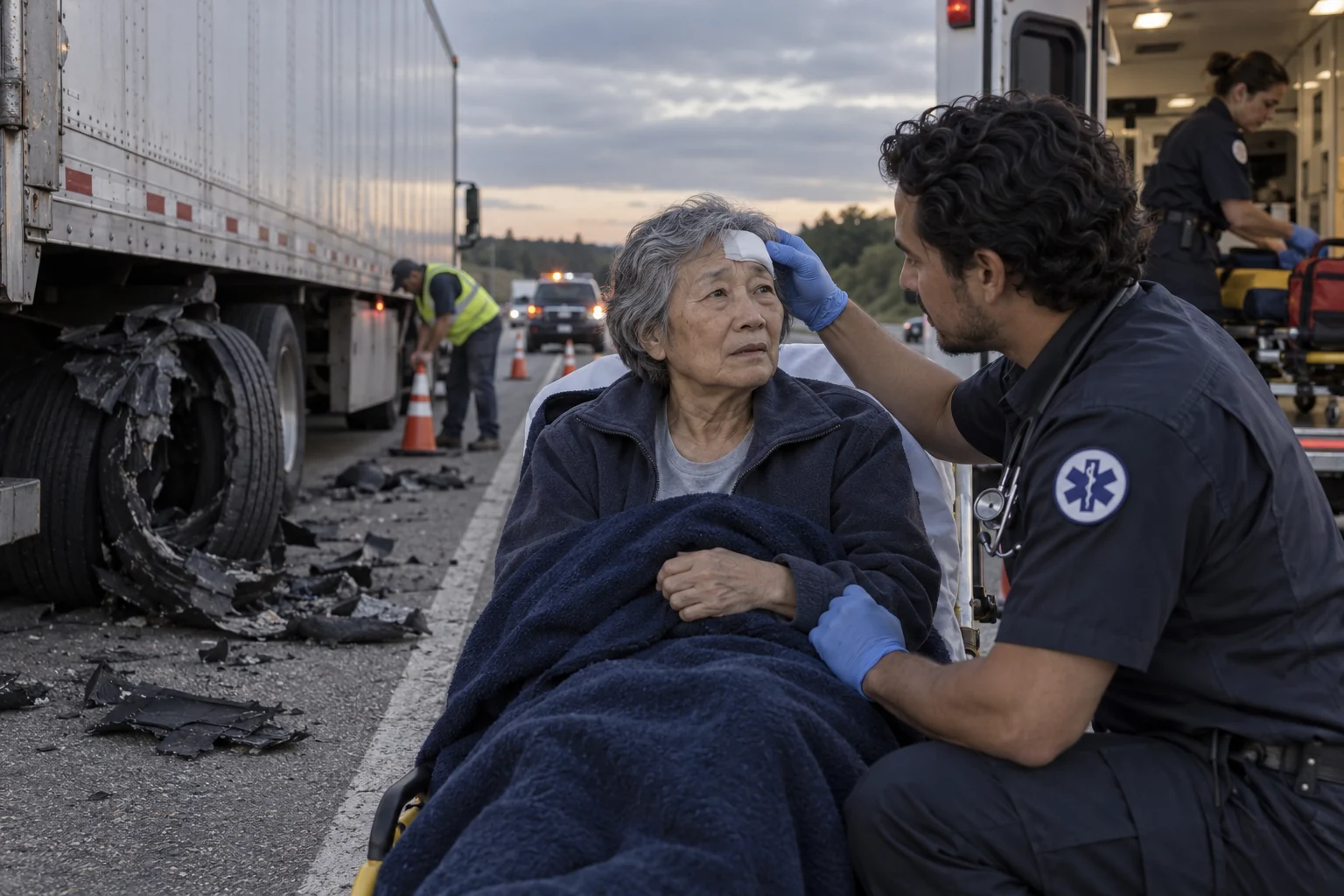 A paramedic caring for an injured person near a truck with a damaged tire.