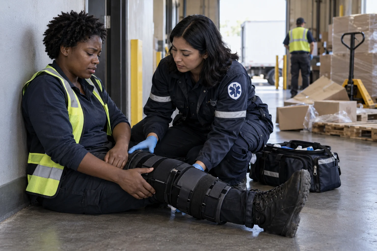 A paramedic treating an injured worker after a workplace fall.