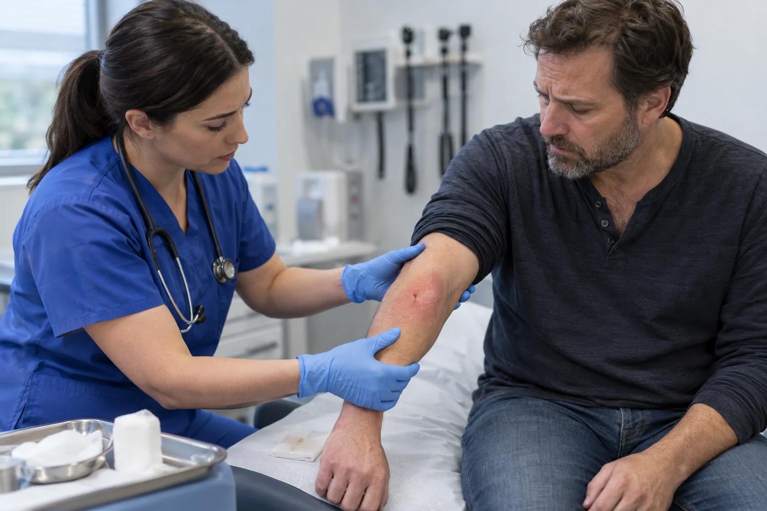 A clinician examining redness and swelling on a patient’s forearm after a dog bite.