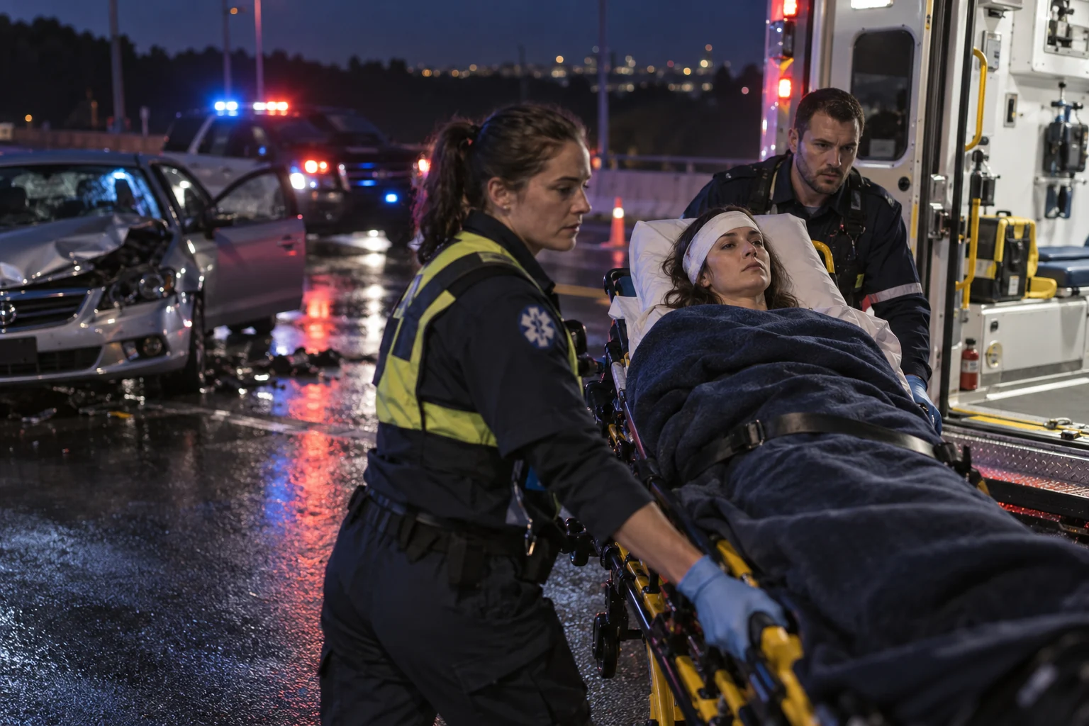 Emergency responders transporting an injured passenger after a nighttime car collision.