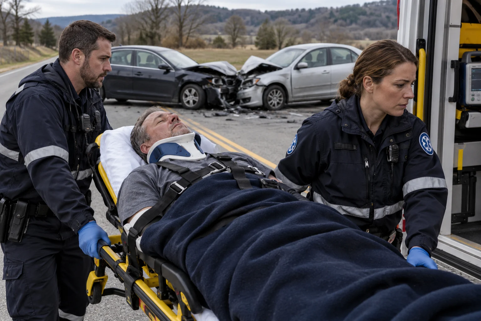 Paramedics moving an injured passenger on a stretcher near two cars with front-end collision damage.