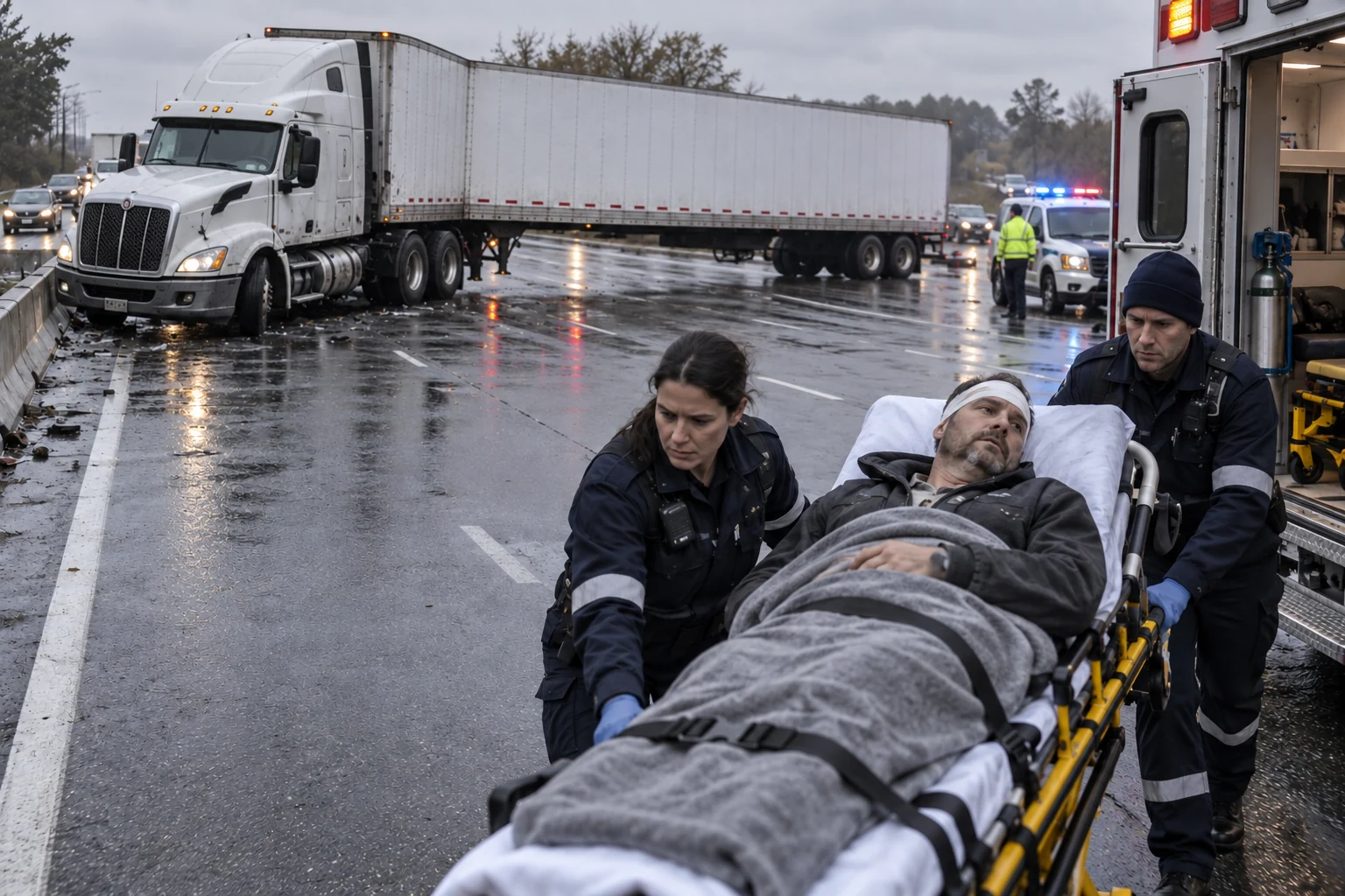 Paramedics transporting an injured person near a jackknifed tractor-trailer.