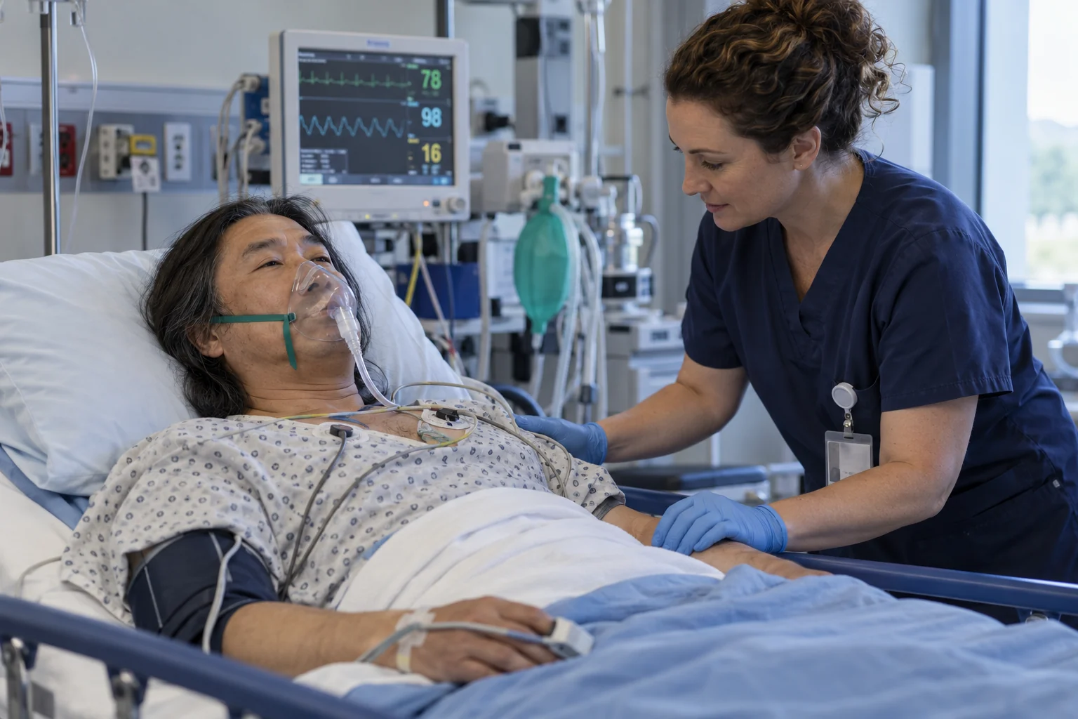 A recovery nurse monitoring a patient with oxygen support after a procedure.