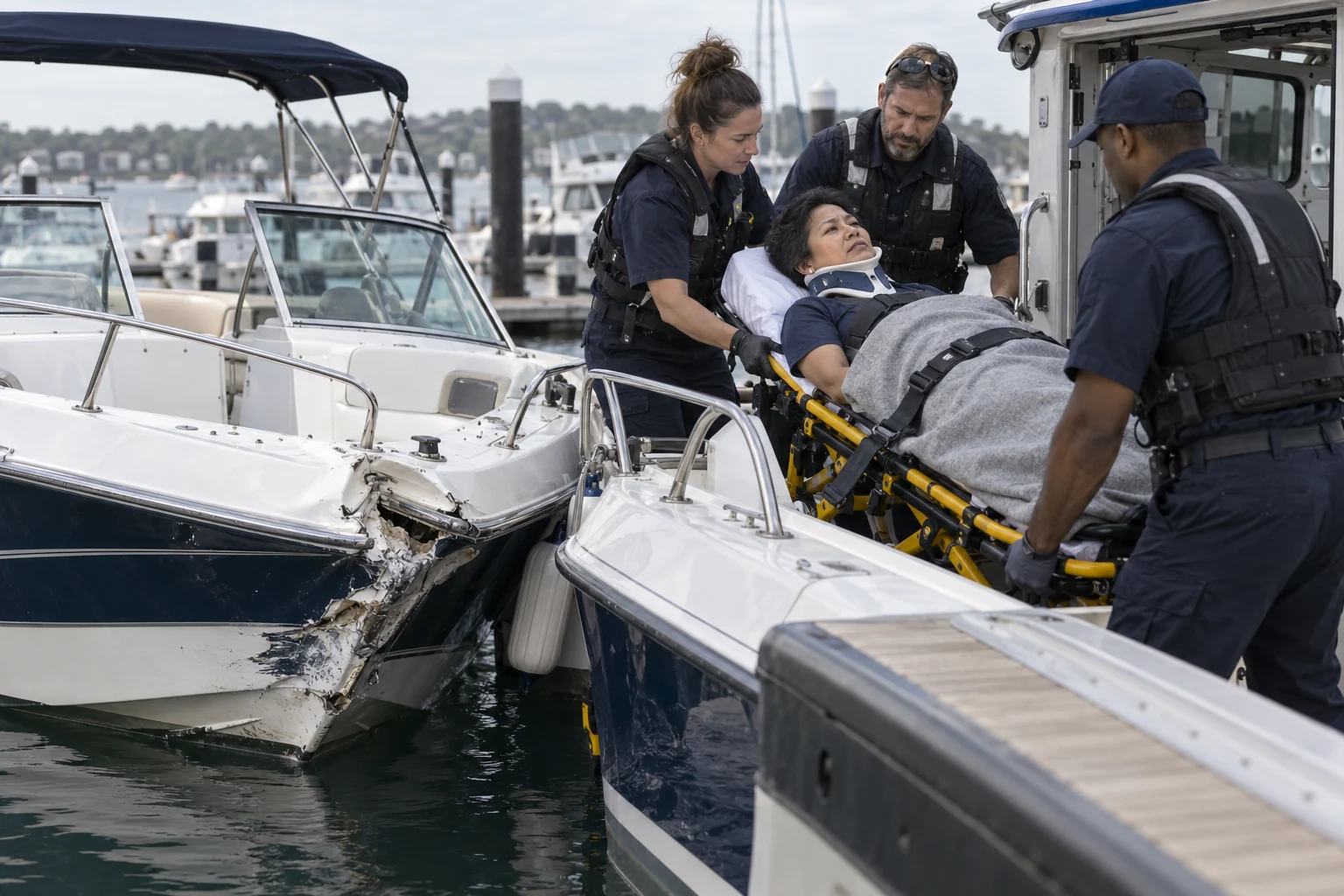 Rescuers transferring an injured passenger beside two collision-damaged boats.