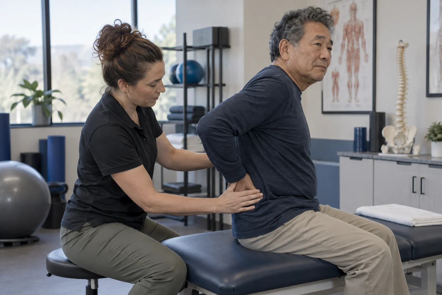 A physiotherapist assessing lower-back mobility during an appointment.
