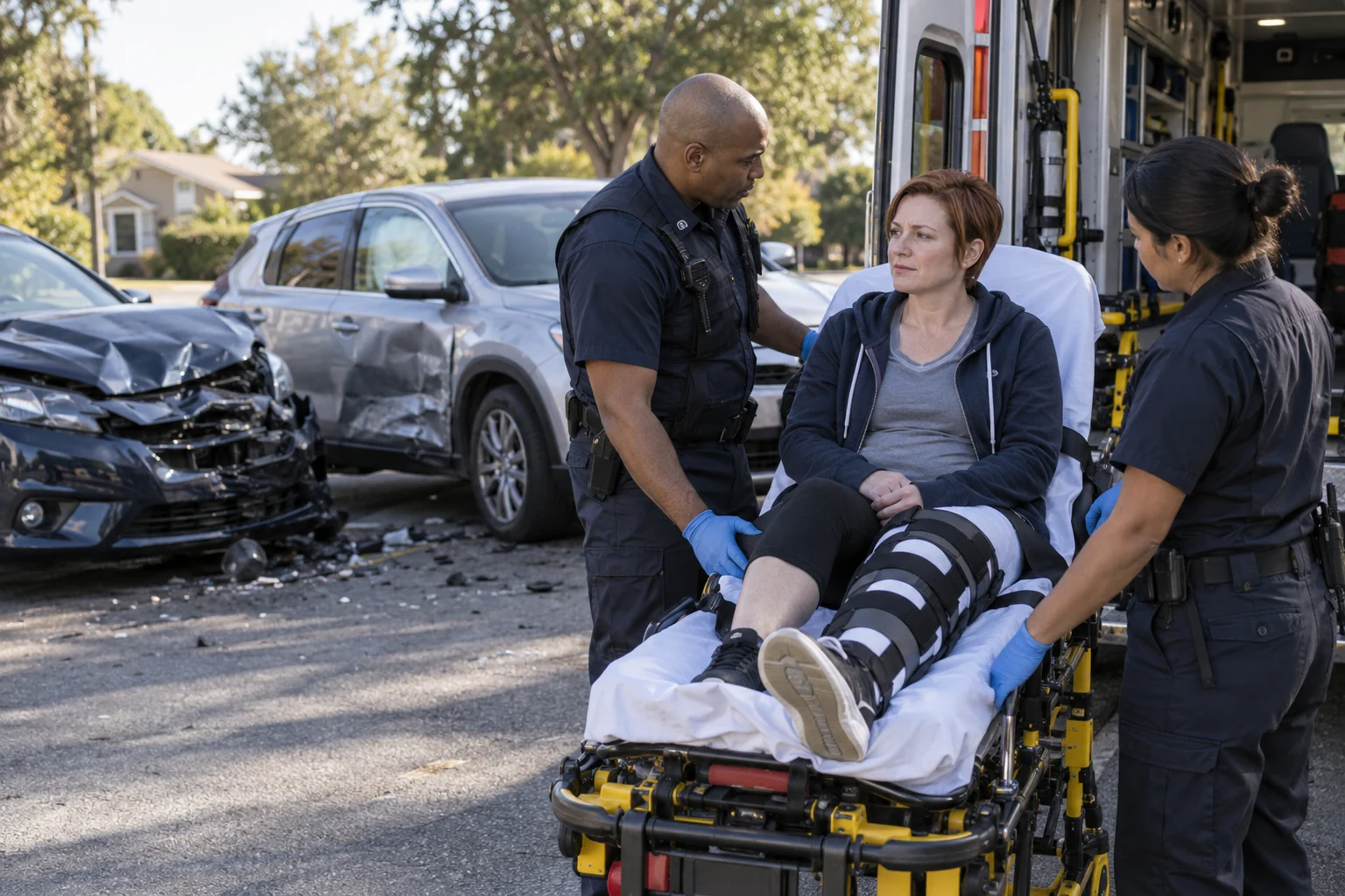 Paramedics preparing an injured adult for transport after a car collision.