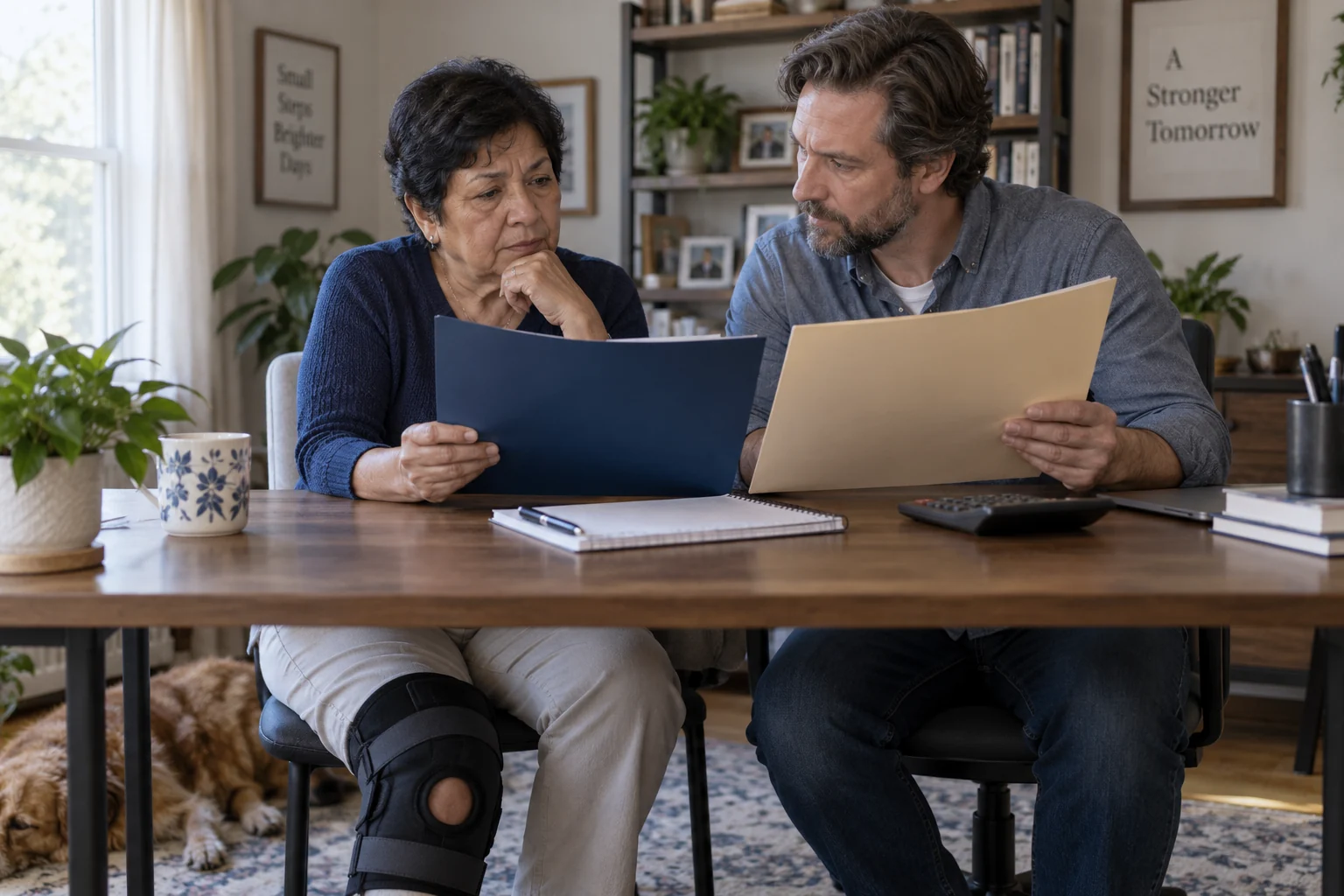 Two adults comparing funding paperwork and a household budget.