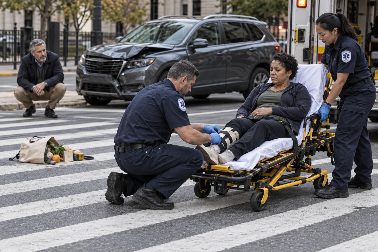 Paramedics treating an injured pedestrian beside a marked crosswalk.
